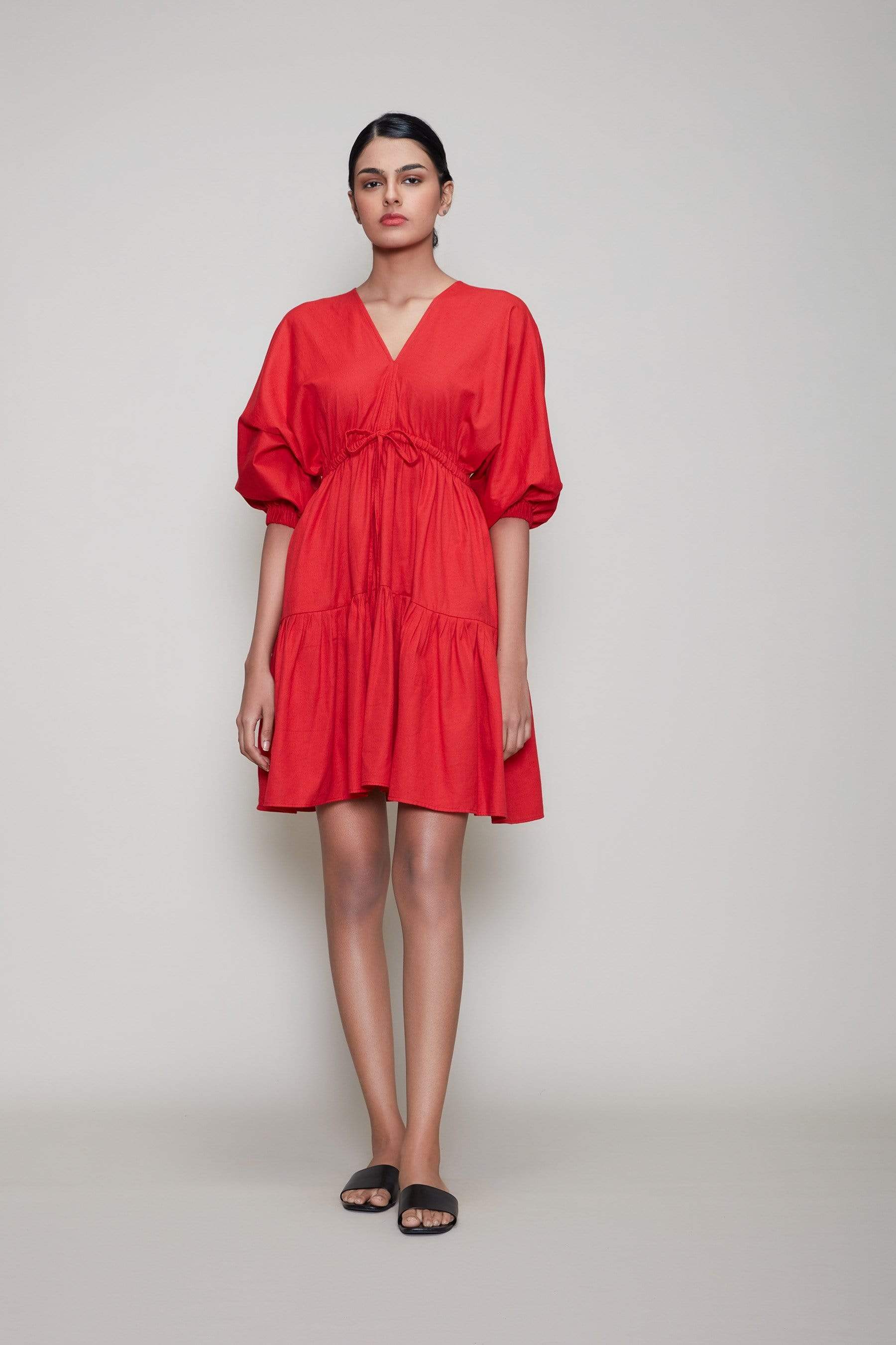 Handcrafted from Handwoven Organic Cotton, Short Tiered Red Dress for Women by Sustainable Fashion Designer Clothing Label MATI