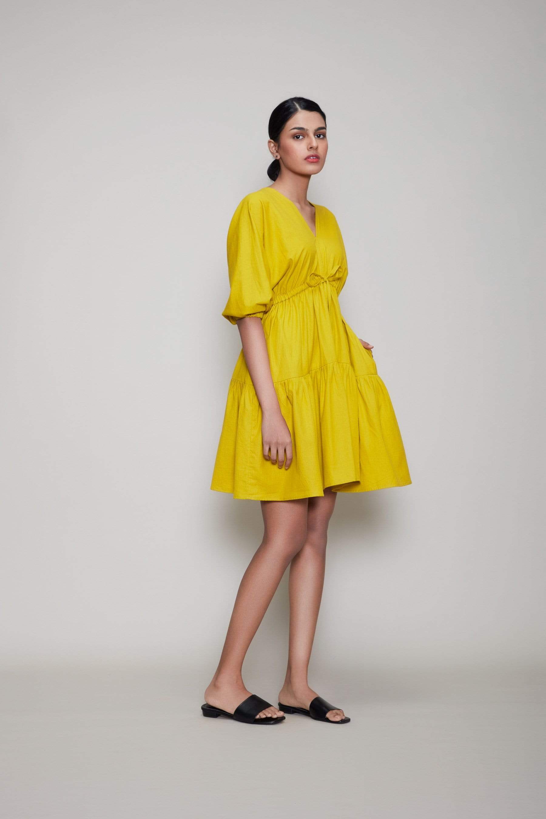Handcrafted from Handwoven Organic Cotton, Short Tiered Yellow Dress for Women by Sustainable Fashion Designer Clothing Label MATI