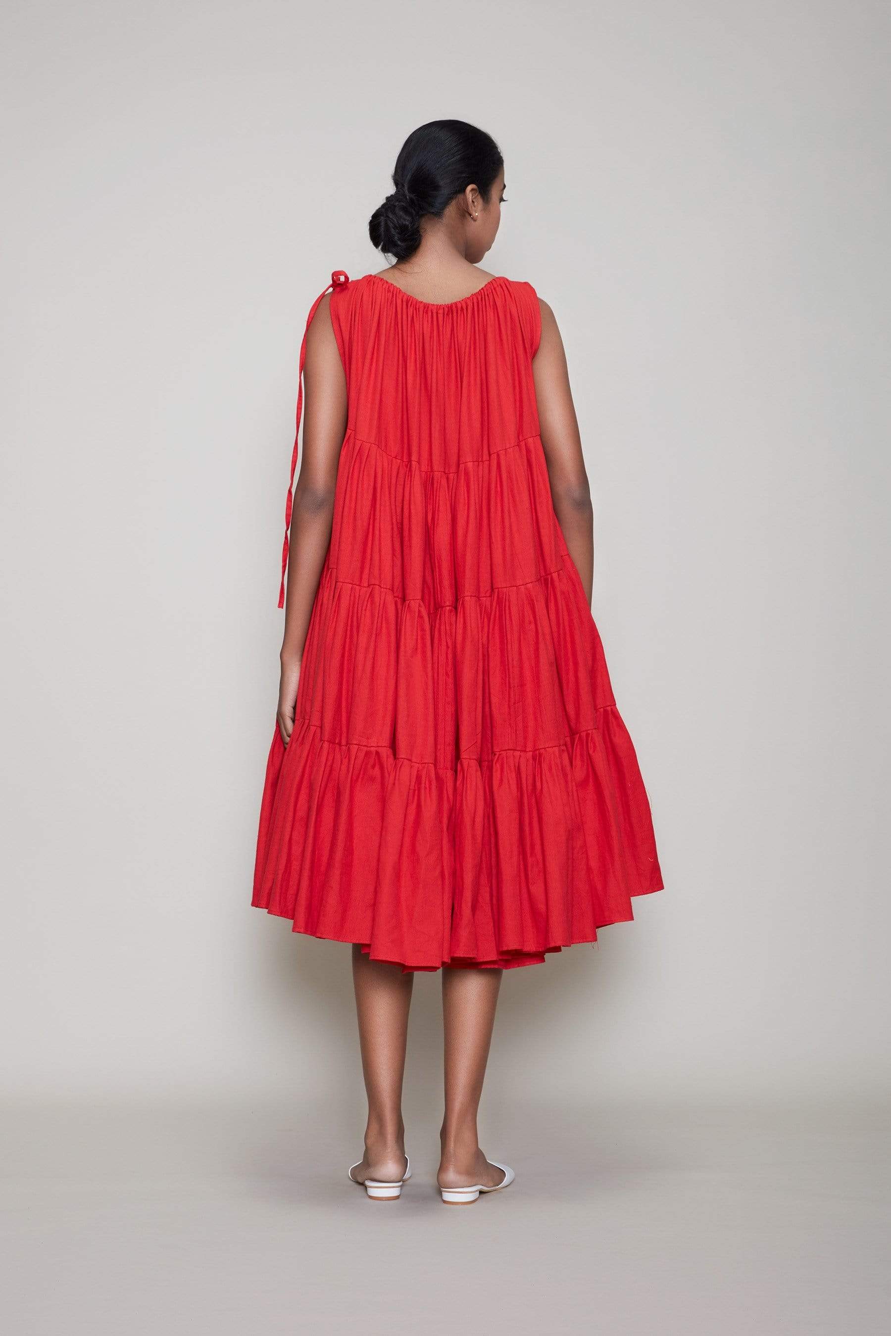 Handcrafted from Handwoven Organic Cotton, Flared Tiered Red Dress for Women by Sustainable Fashion Designer Clothing Label MATI