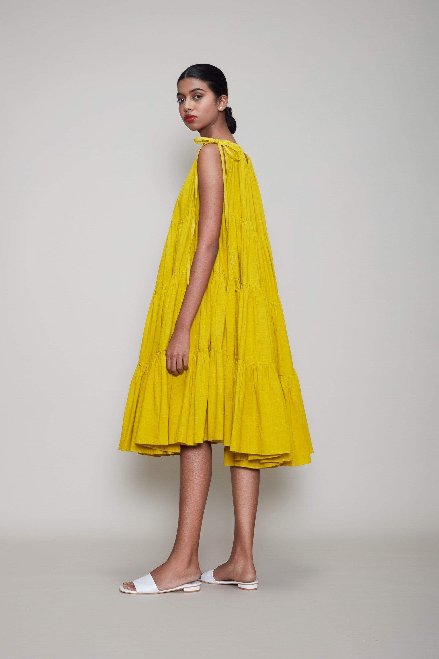 Handcrafted from Handwoven Organic Cotton, Flared Tiered Yellow Dress for Women by Sustainable Fashion Designer Clothing Label MATI