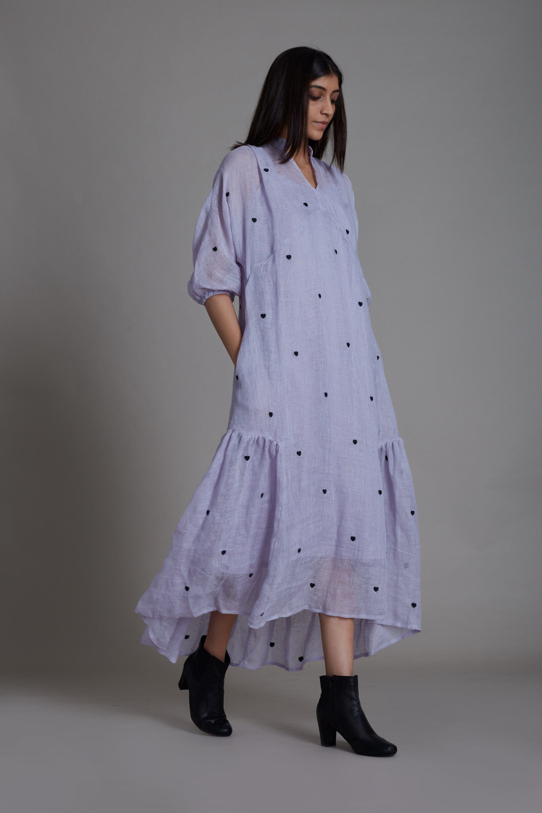 Handcrafted from Pure Linen, Embroidered Lavender Dress for Women by Sustainable Fashion Clothing Label MATI
