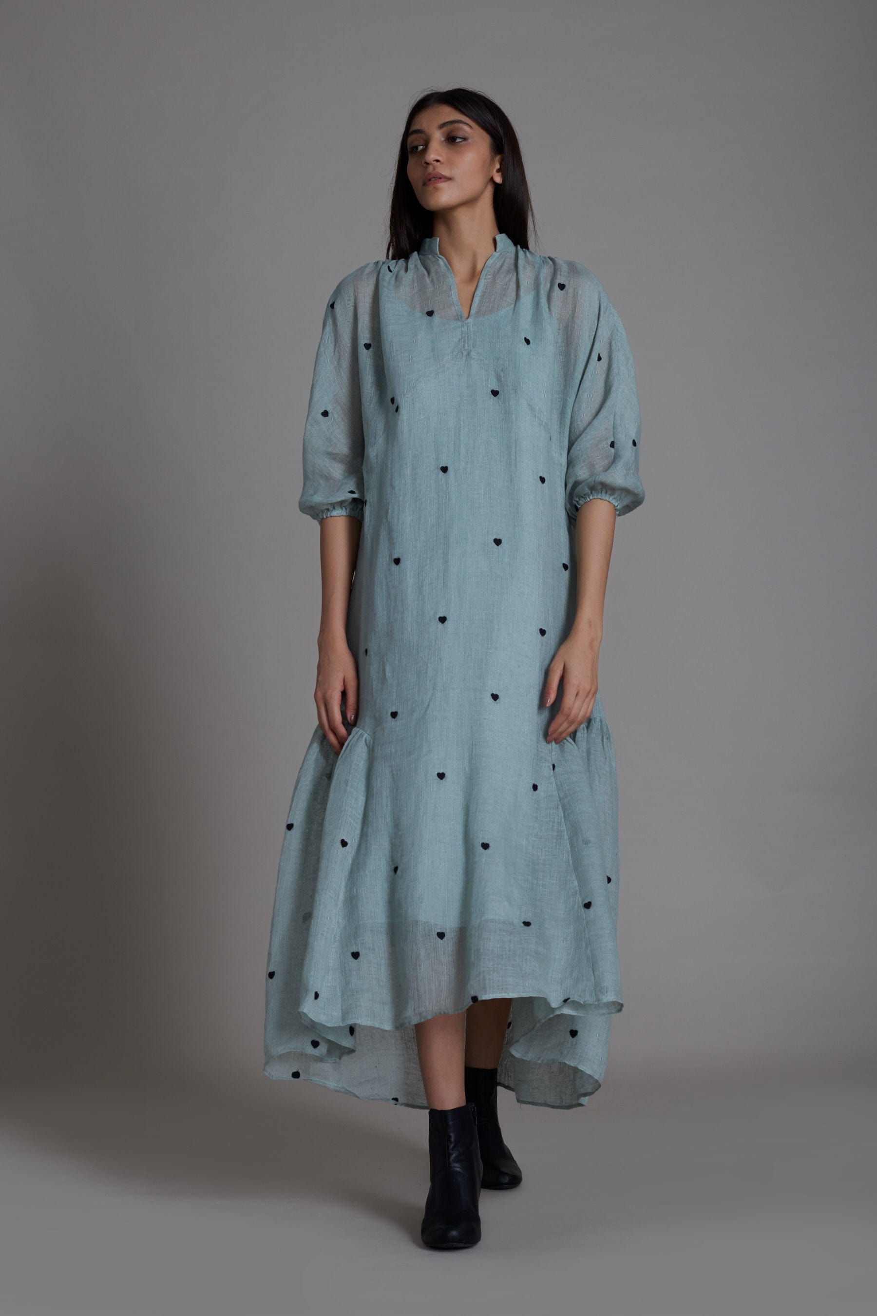Handcrafted from Pure Linen, Embroidered Blue Dress for Women by Sustainable Fashion Clothing Label MATI