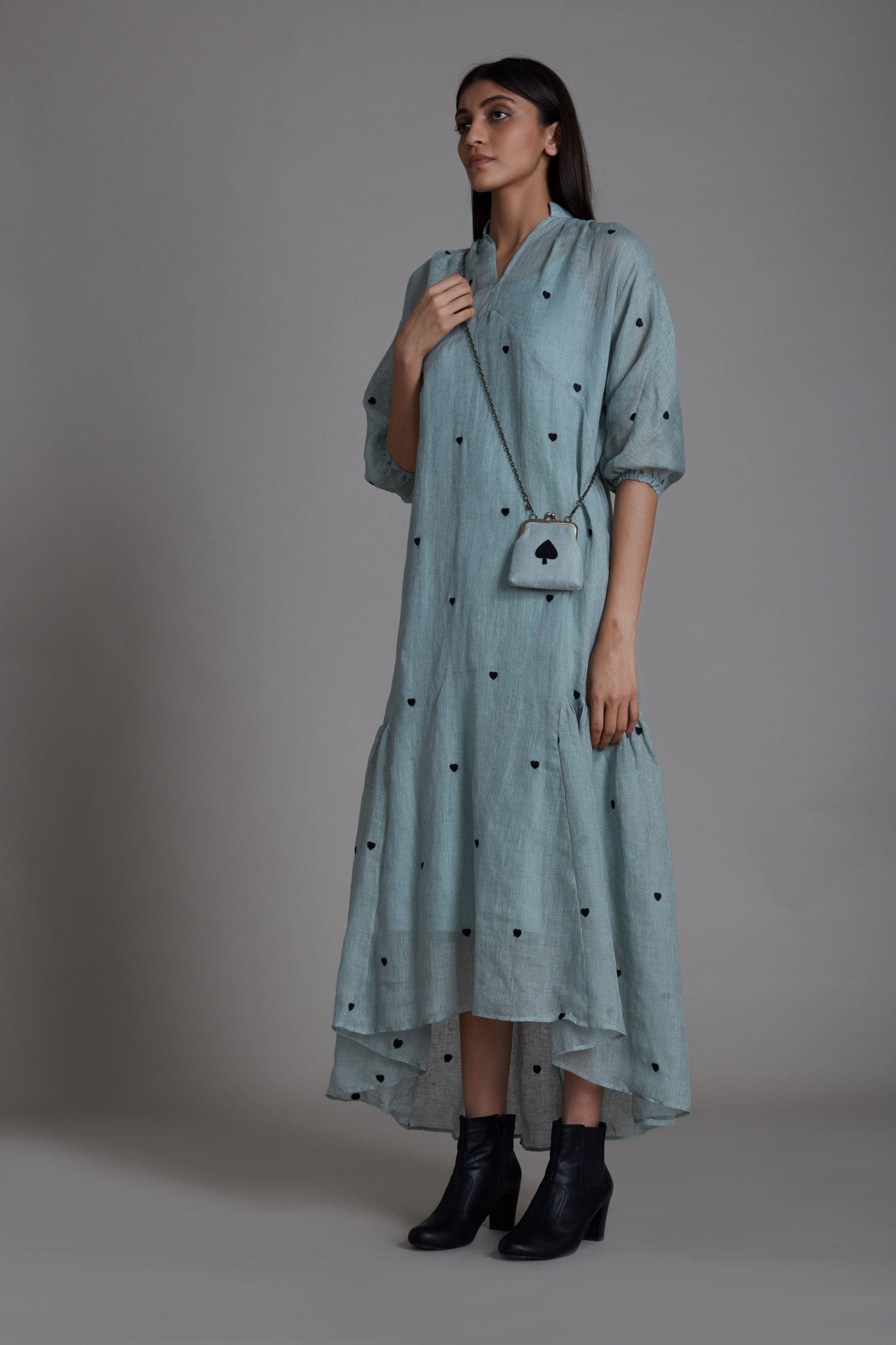 Handcrafted from Pure Linen, Embroidered Blue Dress for Women by Sustainable Fashion Clothing Label MATI