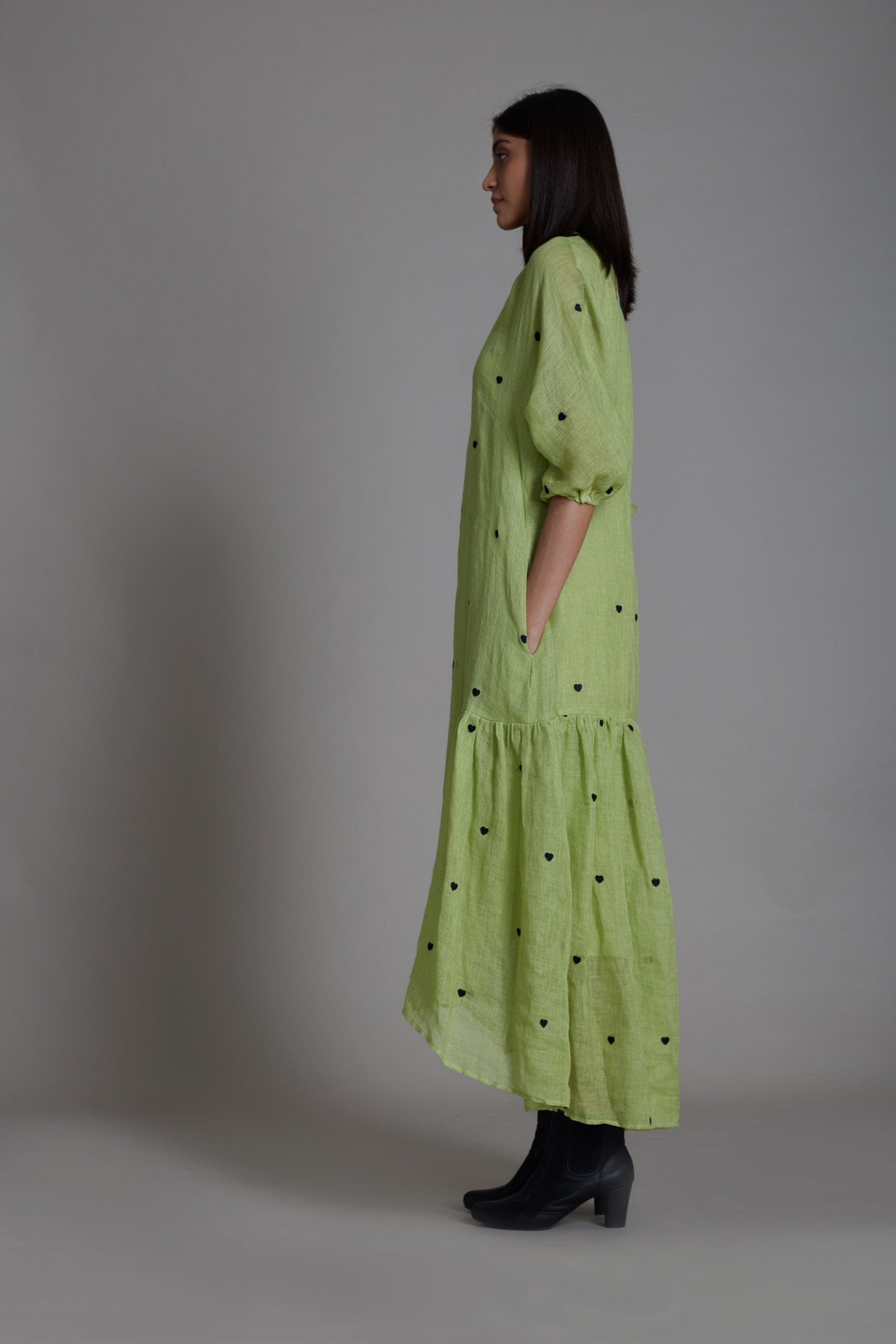 Handcrafted from Pure Linen, Embroidered Green Dress for Women by Sustainable Fashion Clothing Label MATI