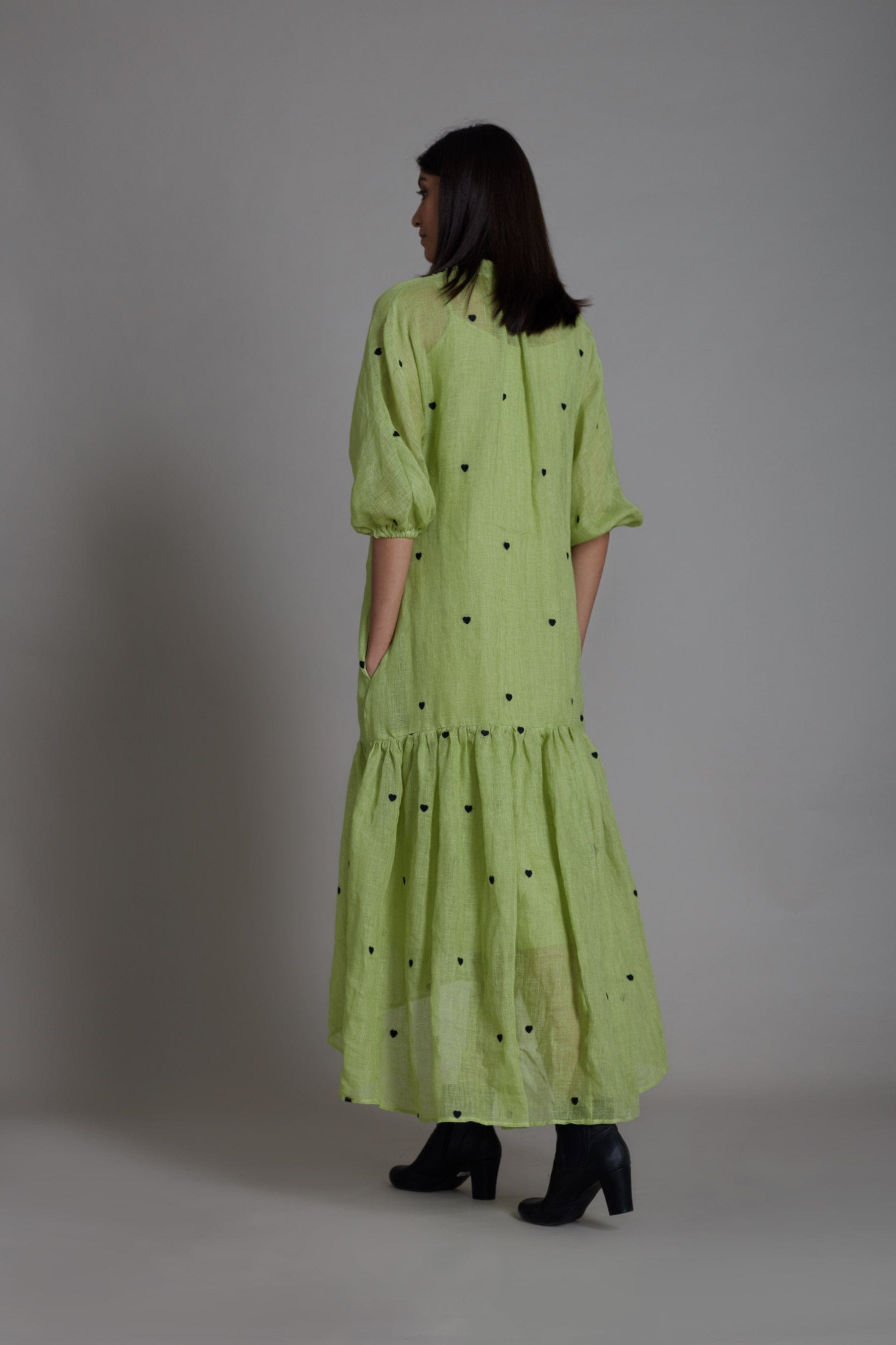 Handcrafted from Pure Linen, Embroidered Green Dress for Women by Sustainable Fashion Clothing Label MATI