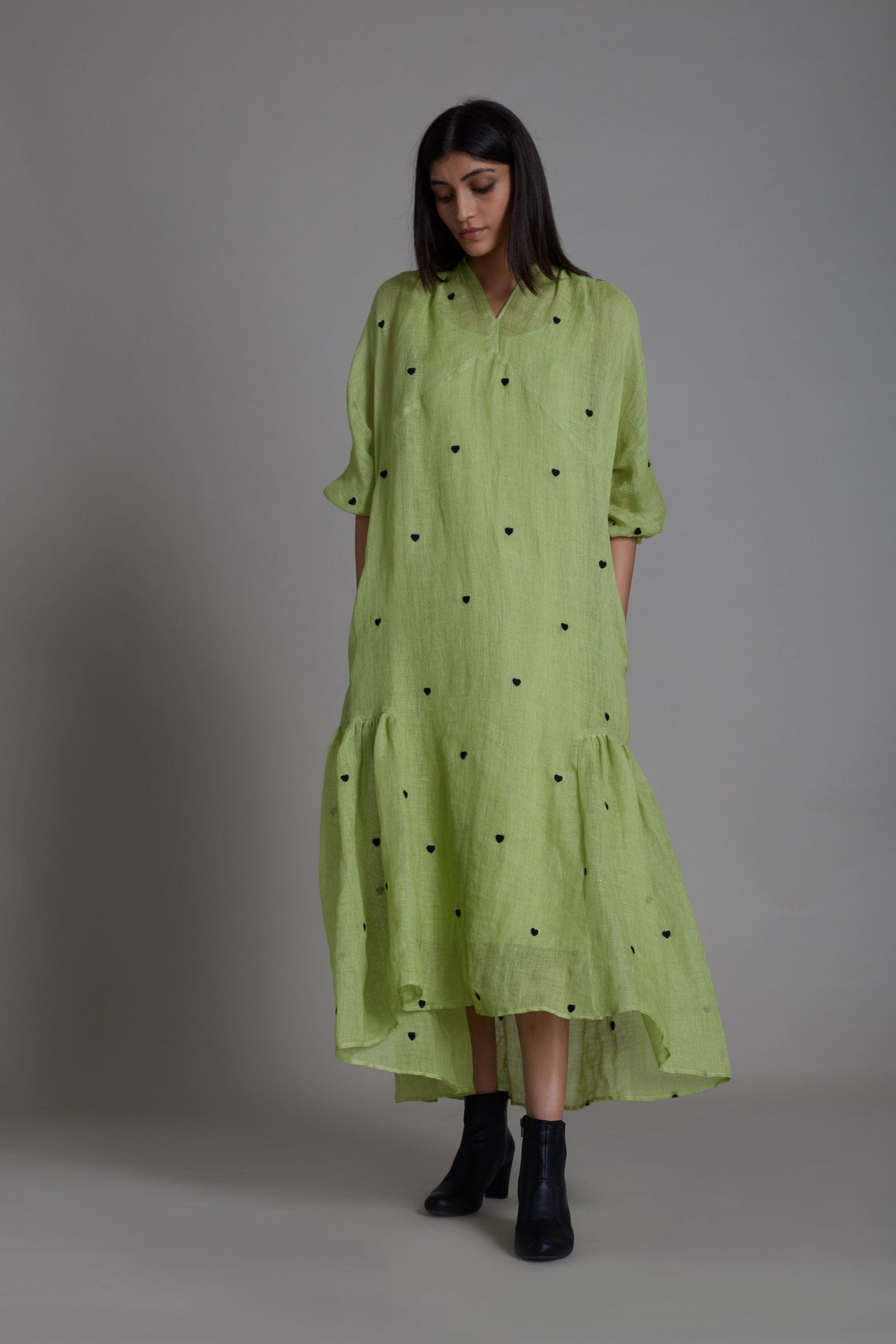 Handcrafted from Pure Linen, Embroidered Green Dress for Women by Sustainable Fashion Clothing Label MATI