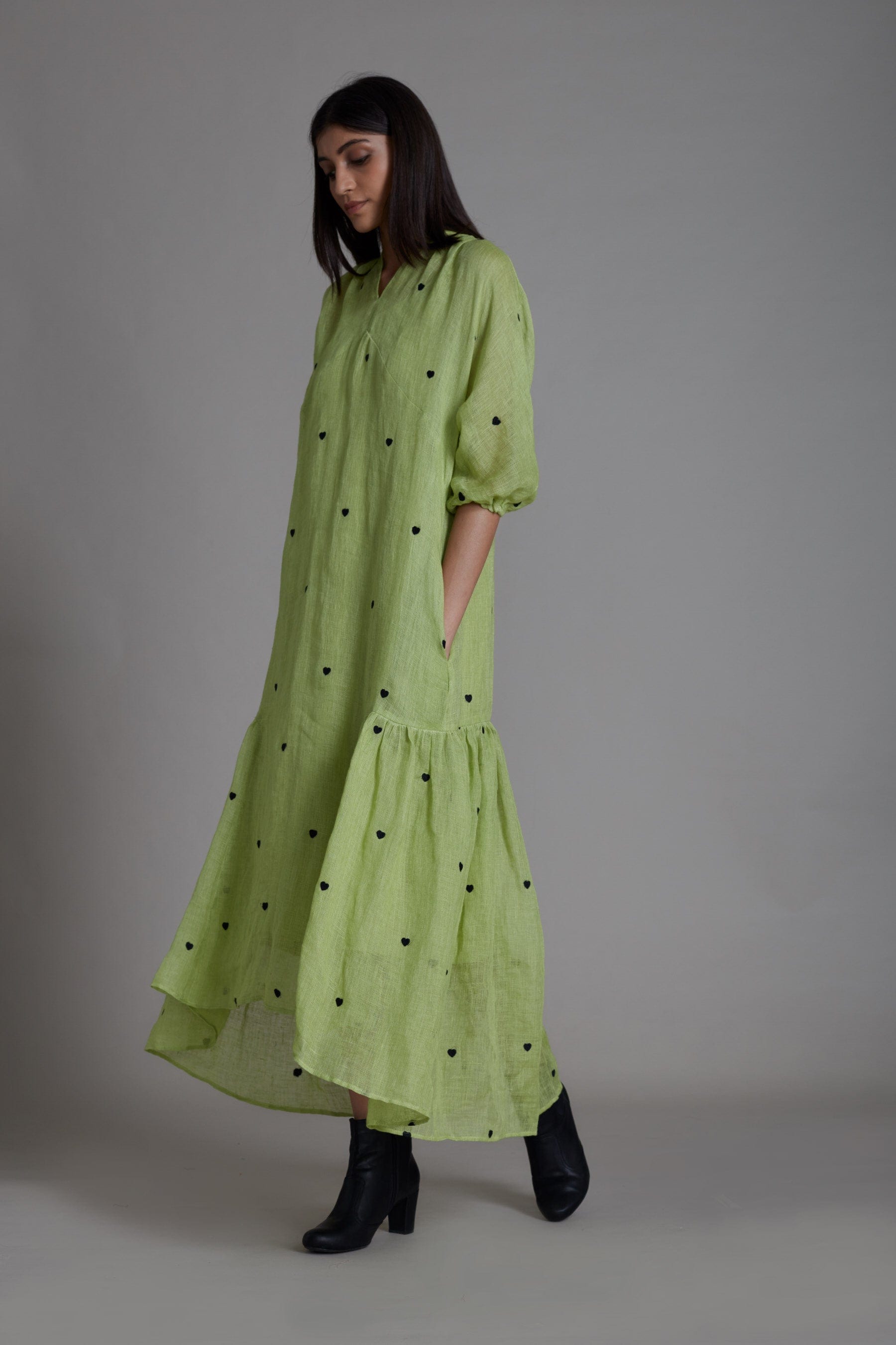 Handcrafted from Pure Linen, Embroidered Green Dress for Women by Sustainable Fashion Clothing Label MATI