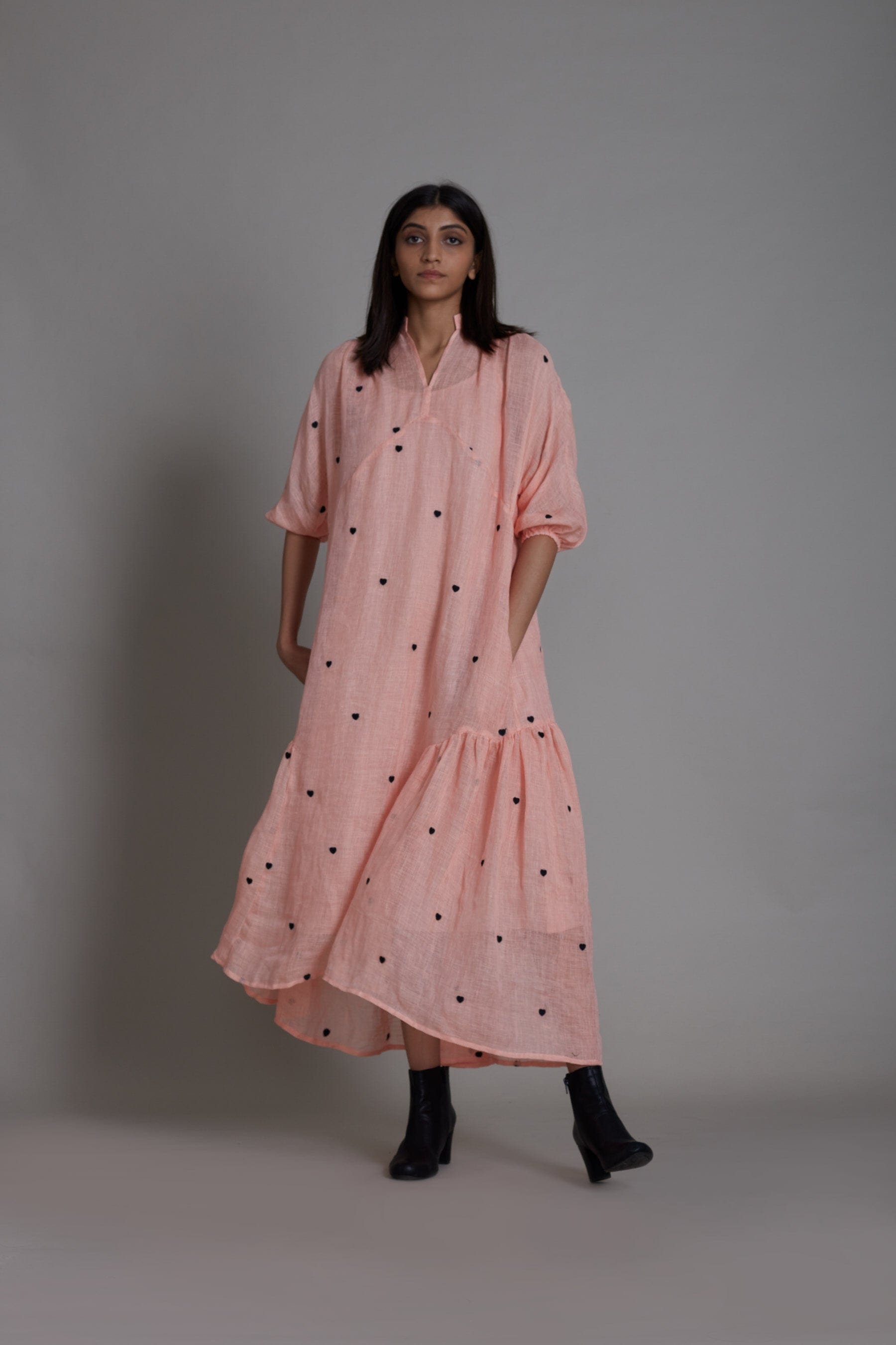 Handcrafted from Pure Linen, Embroidered Pink Dress for Women by Sustainable Fashion Clothing Label MATI