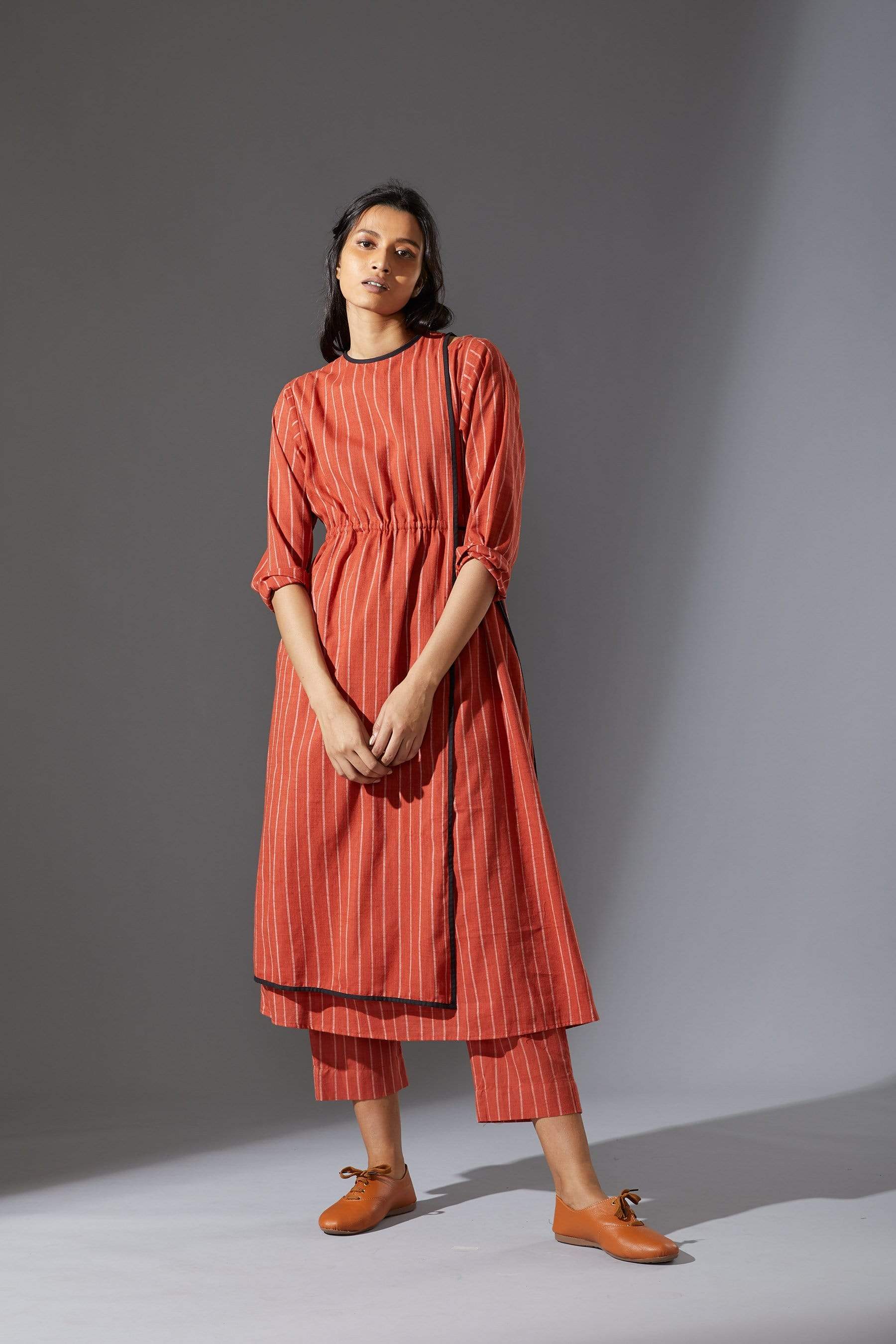 Handcrafted from Handwoven Organic Cotton, Rust Overlap Tunic Dress for Women by Sustainable Fashion Designer Clothing Label MATI