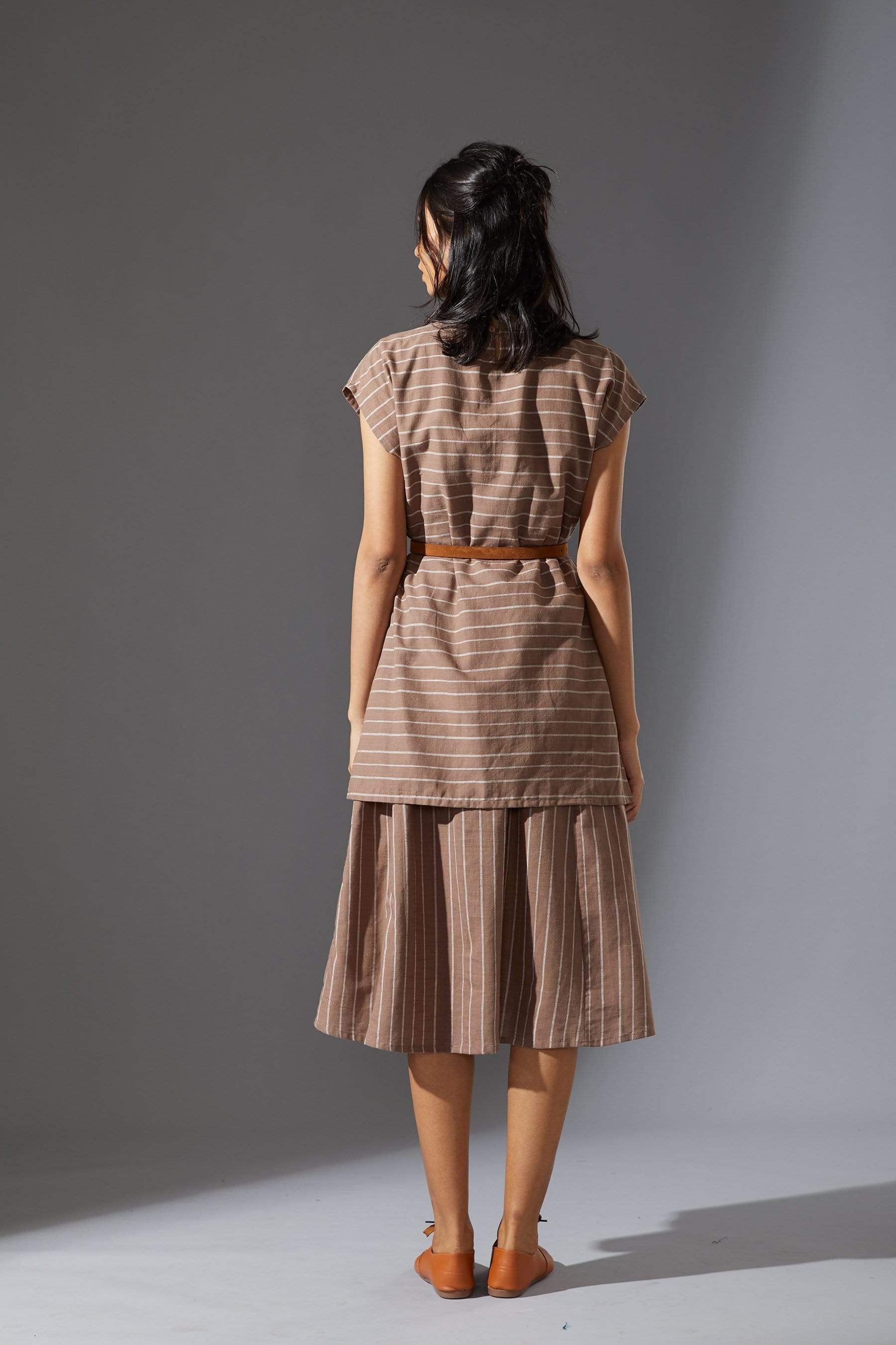 Handcrafted from Handwoven Organic Cotton, Striped Beige Dress for Women by Sustainable Fashion Designer Clothing Label MATI