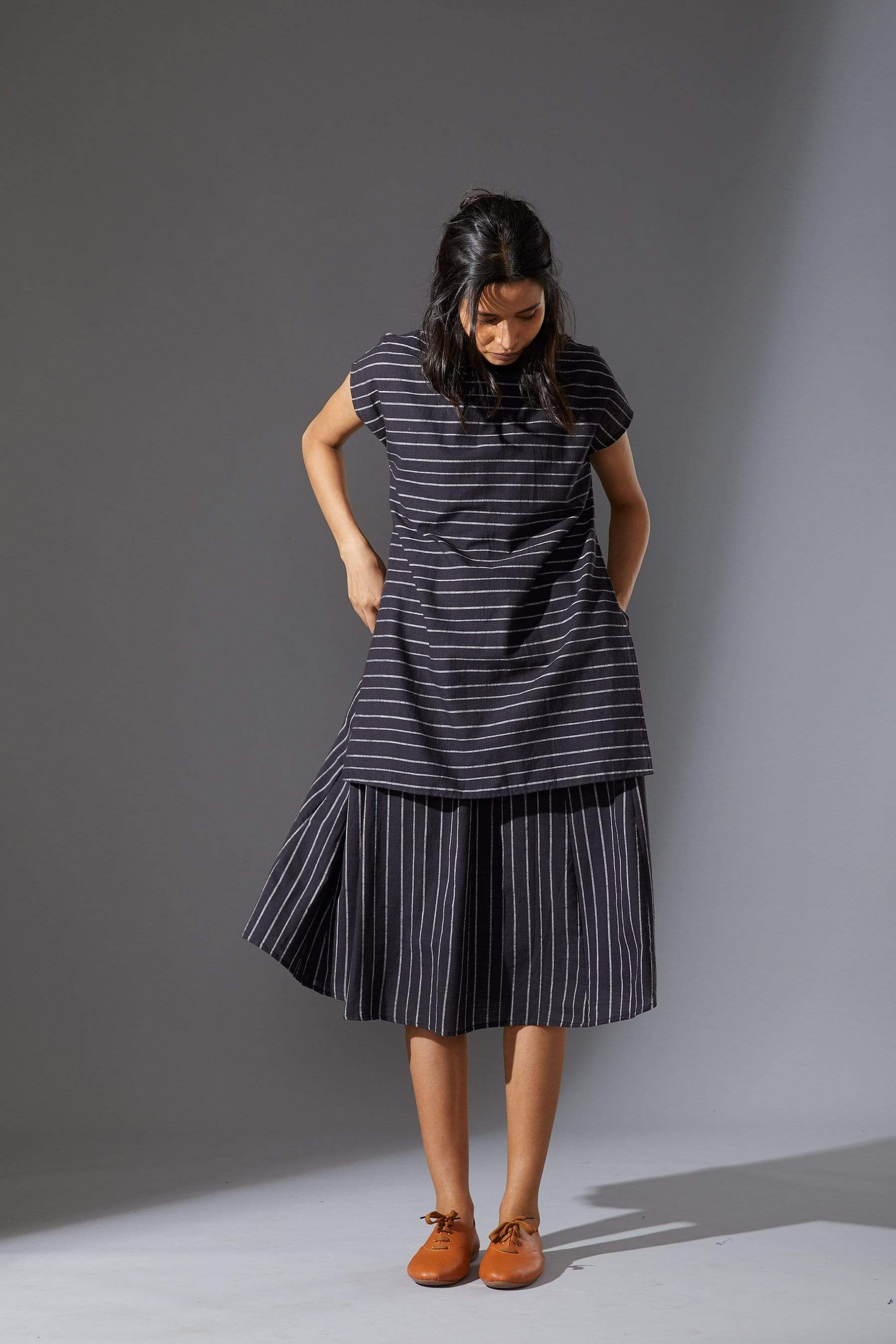 Handcrafted from Handwoven Organic Cotton, Striped Black Dress for Women by Sustainable Fashion Designer Clothing Label MATI