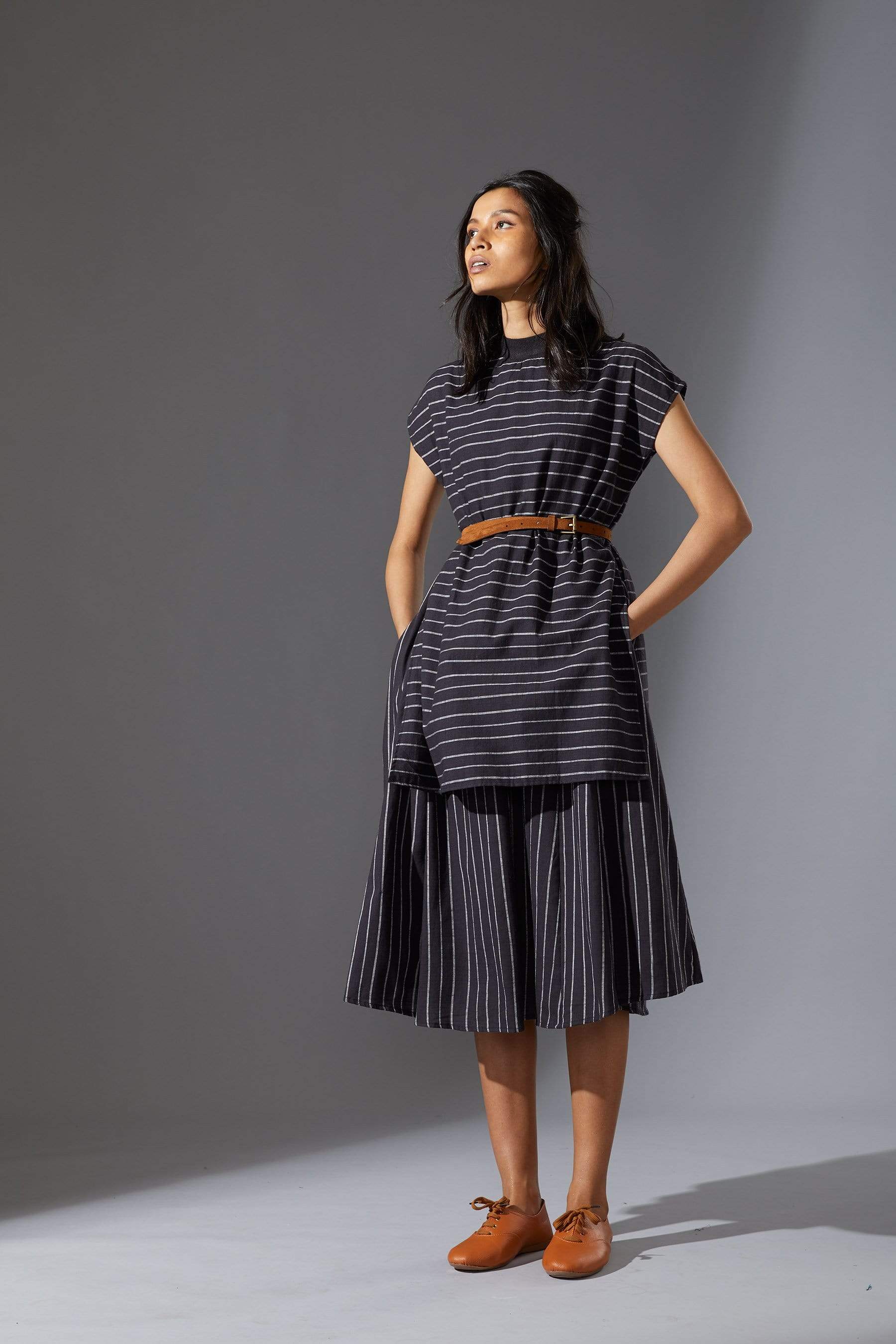 Handcrafted from Handwoven Organic Cotton, Striped Black Dress for Women by Sustainable Fashion Designer Clothing Label MATI