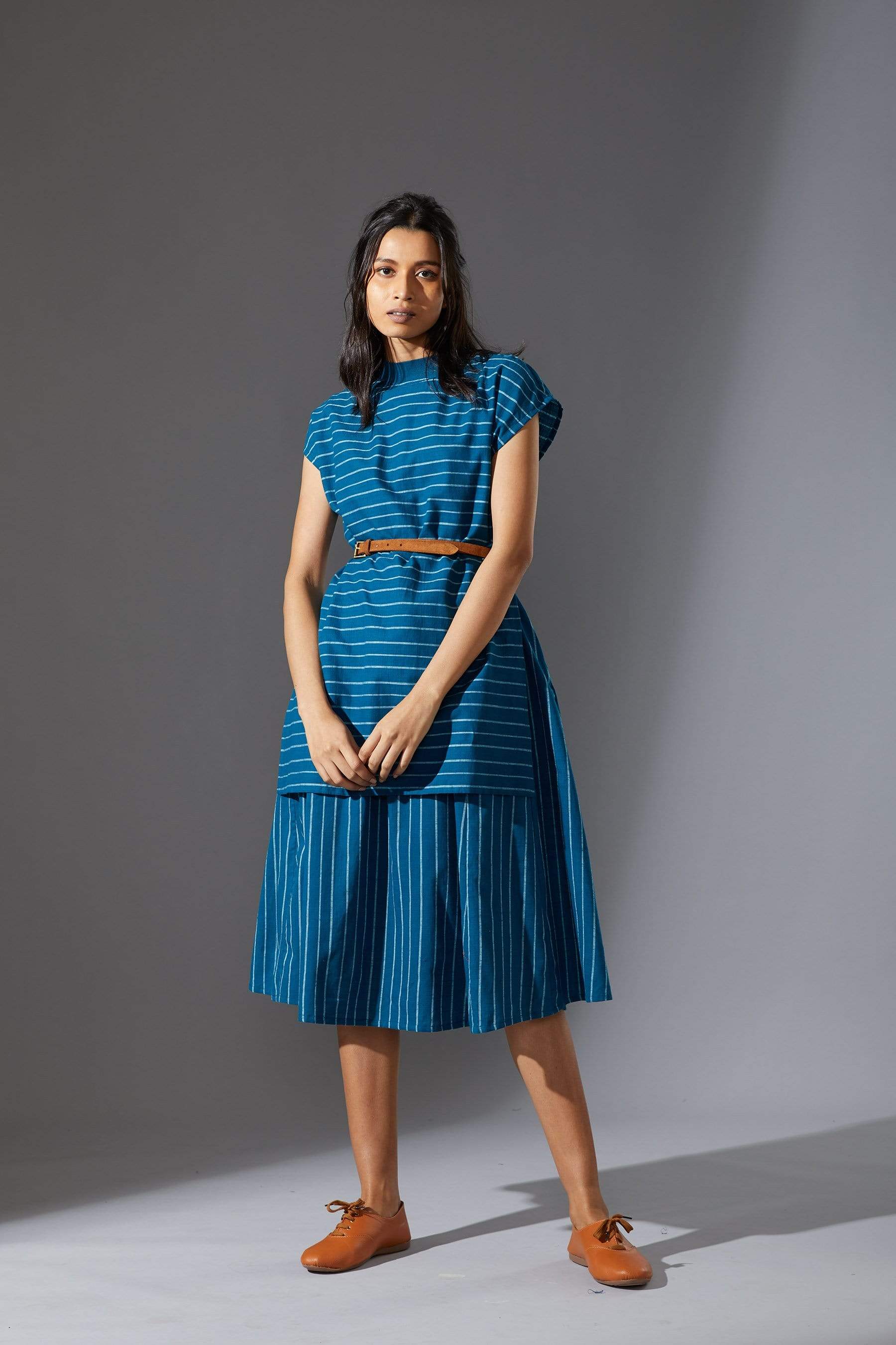Handcrafted from Handwoven Organic Cotton, Striped Blue Dress for Women by Sustainable Fashion Designer Clothing Label MATI
