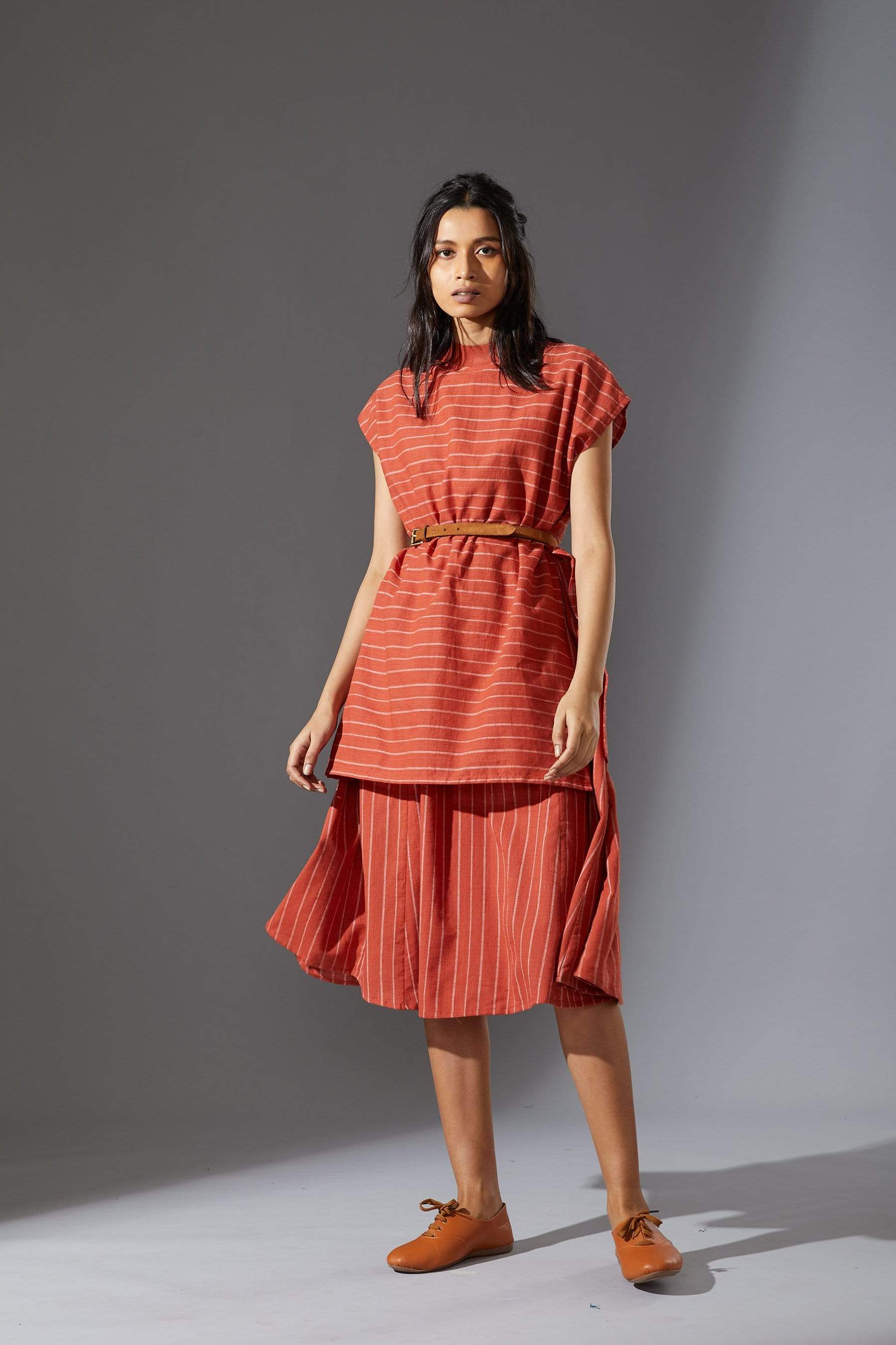 Handcrafted from Handwoven Organic Cotton, Striped Rust Dress for Women by Sustainable Fashion Designer Clothing Label MATI