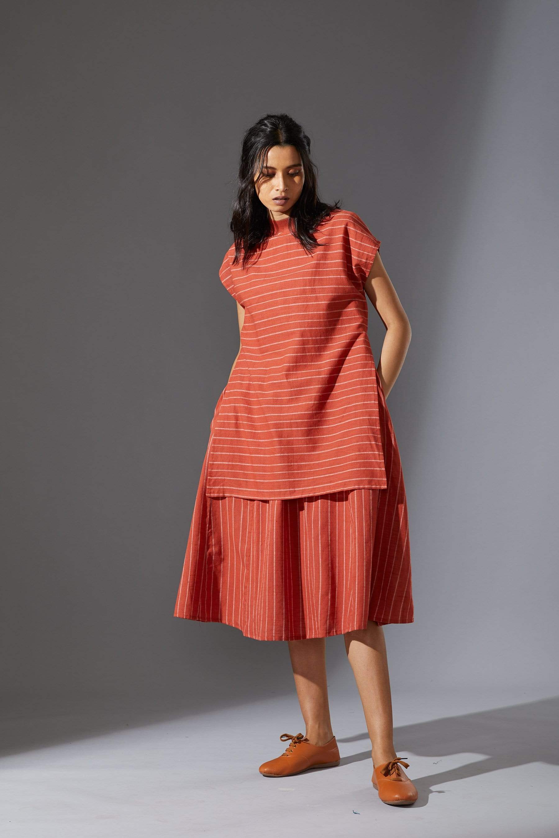 Handcrafted from Handwoven Organic Cotton, Striped Rust Dress for Women by Sustainable Fashion Designer Clothing Label MATI