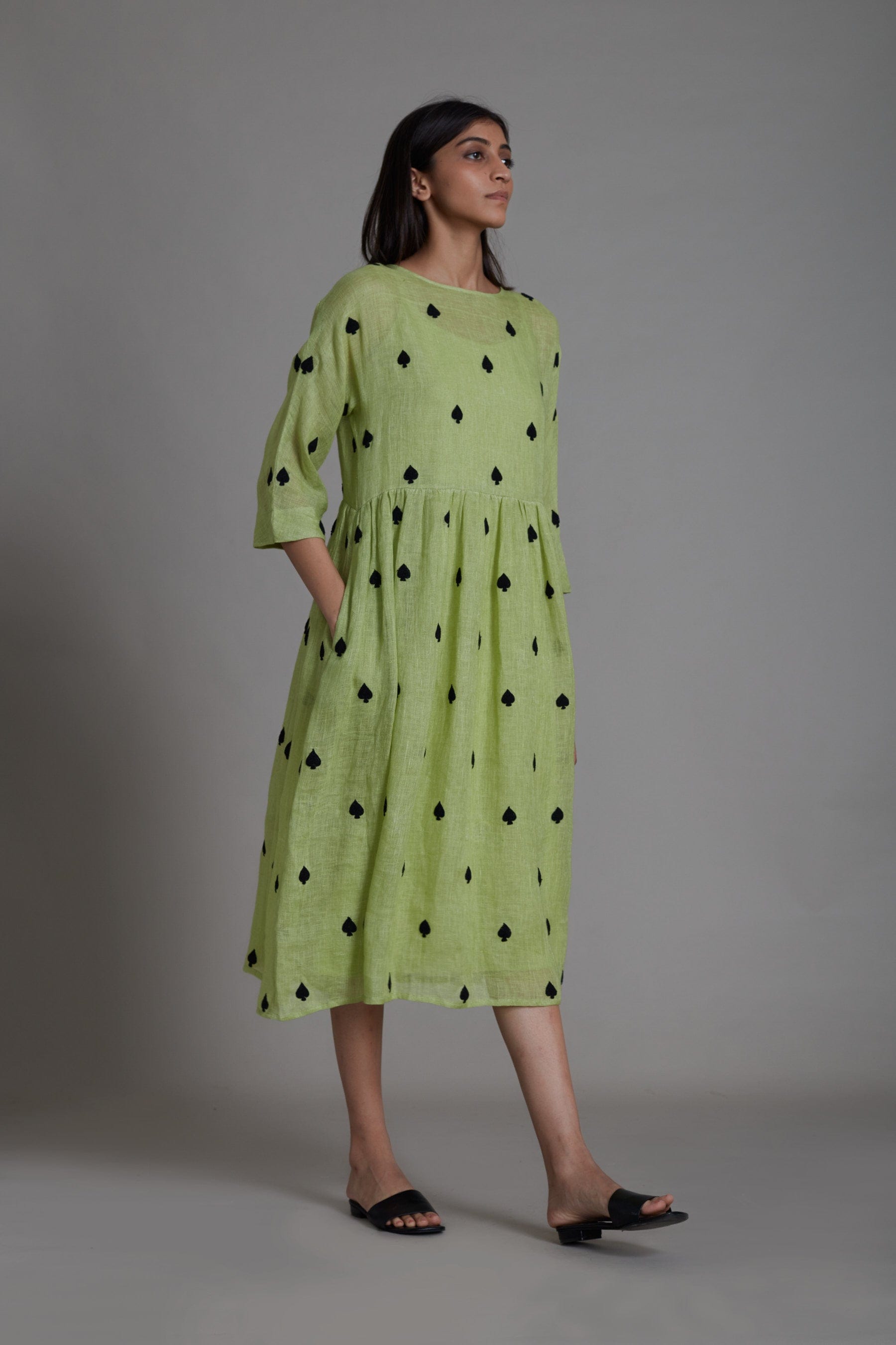 Handcrafted from Pure Linen, Embroidered Green Dress for Women by Sustainable Fashion Clothing Label MATI