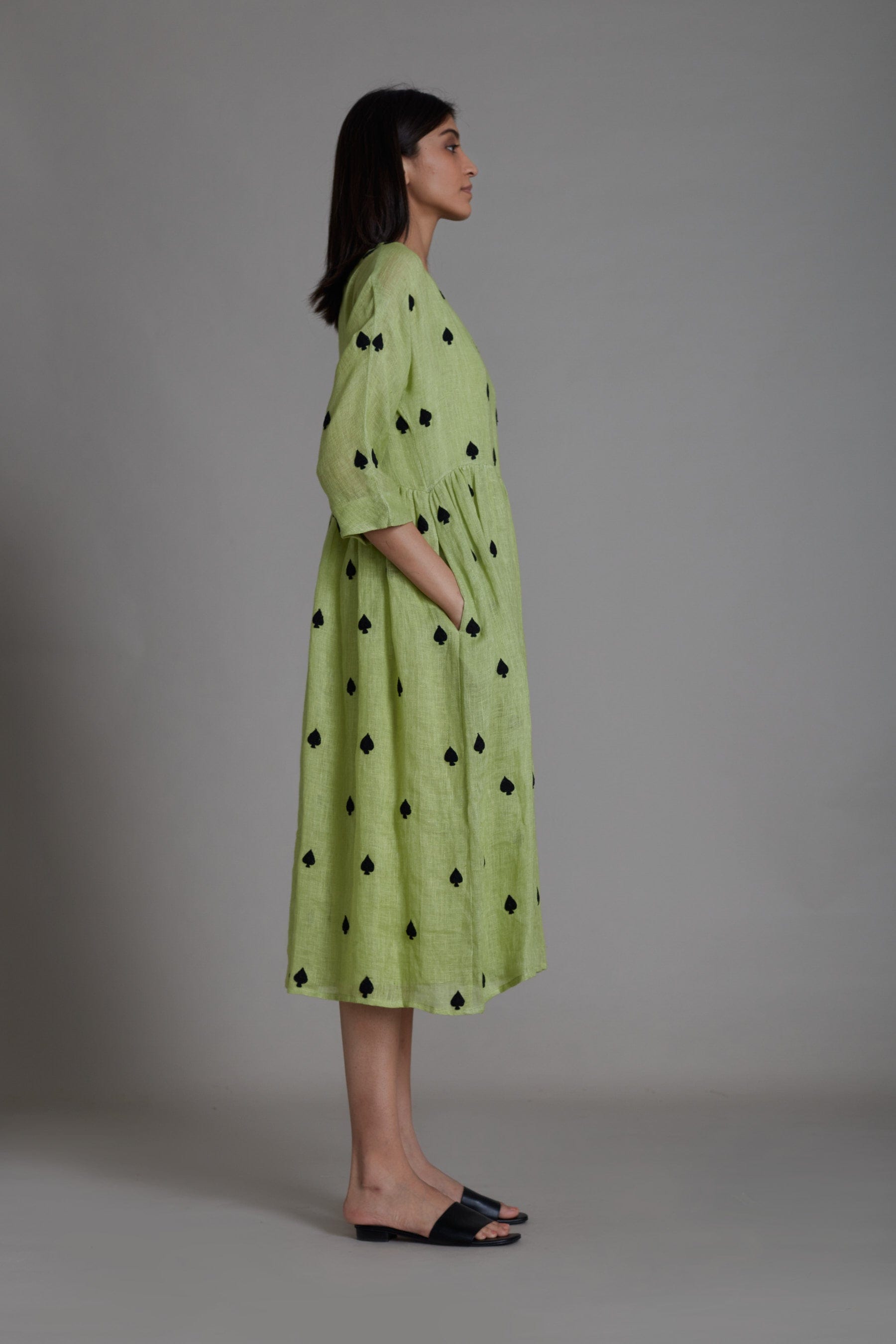 Handcrafted from Pure Linen, Embroidered Green Dress for Women by Sustainable Fashion Clothing Label MATI