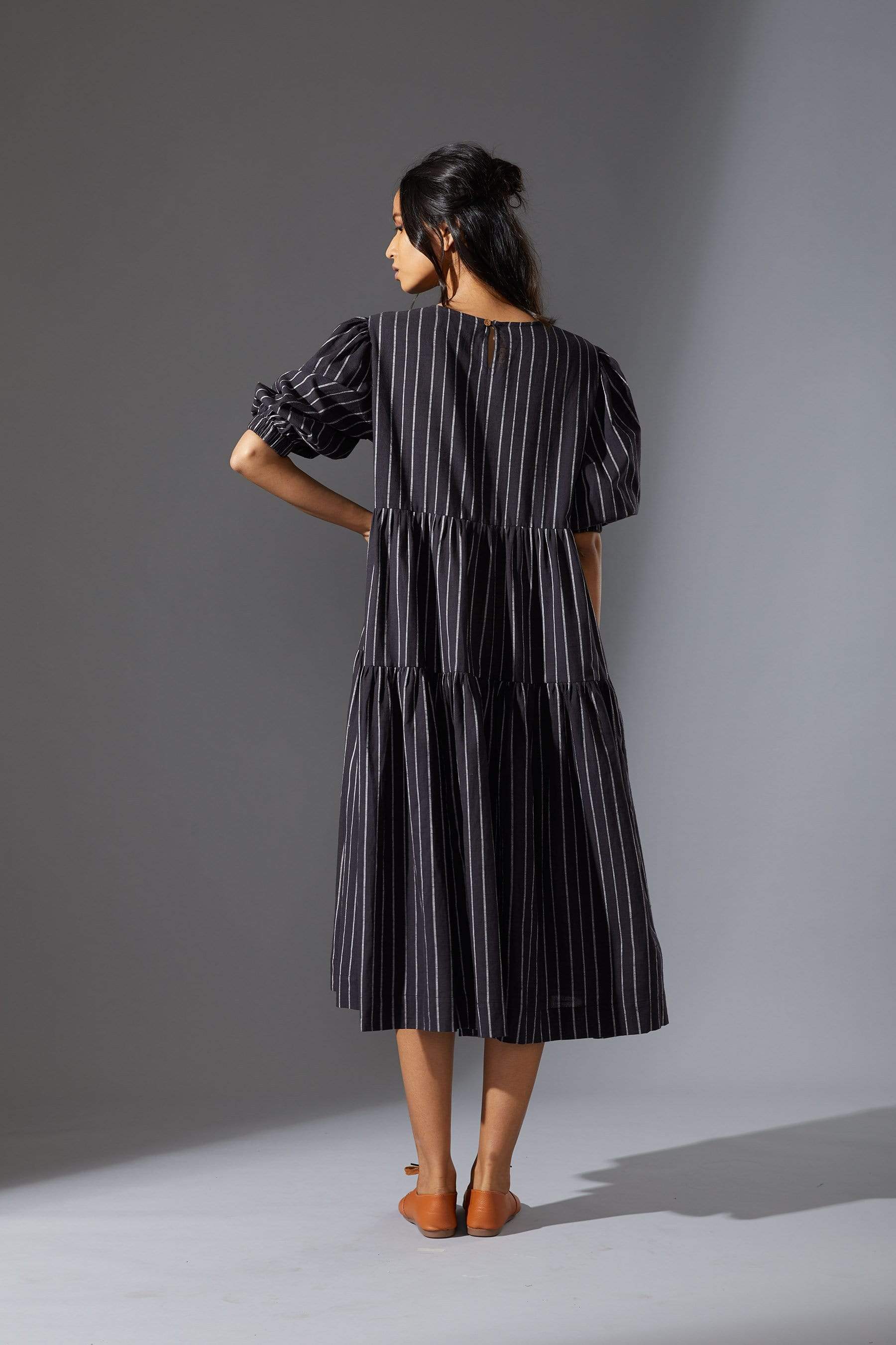 Handcrafted from Handwoven Organic Cotton Striped Black Tiered Dress for Women by Sustainable Fashion Designer Clothing Label MATI
