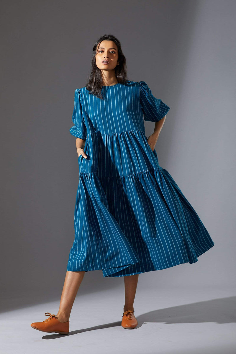 Handcrafted from Handwoven Organic Cotton, Striped Blue Tiered Dress for Women by Sustainable Fashion Designer Clothing Label MATI