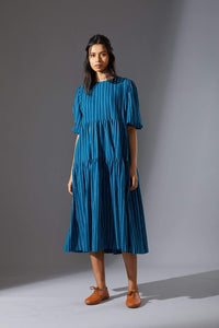 Handcrafted from Handwoven Organic Cotton, Striped Blue Tiered Dress for Women by Sustainable Fashion Designer Clothing Label MATI