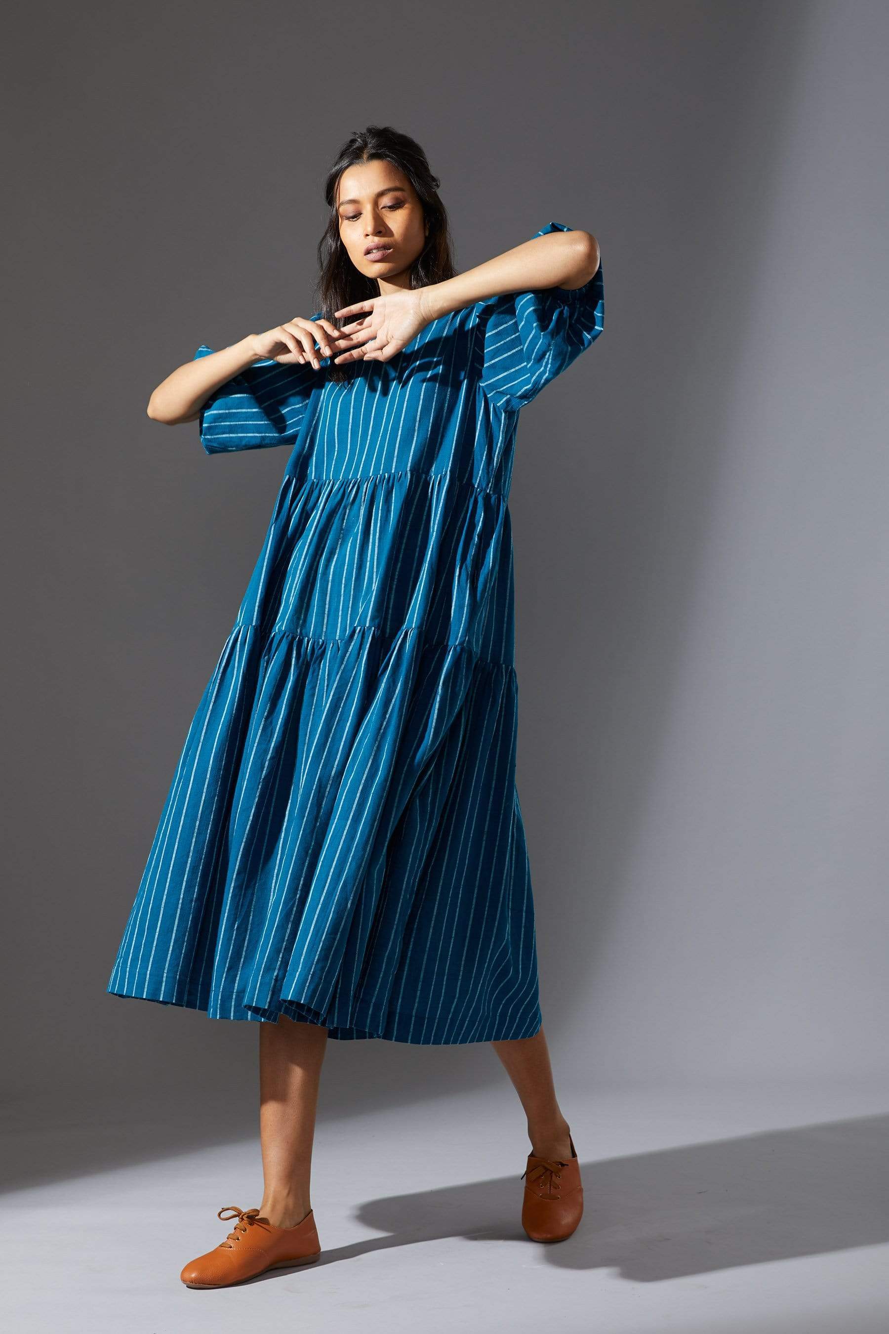 Buy Handwoven Pure Cotton Striped Tiered Dress by MATI-Sustainable