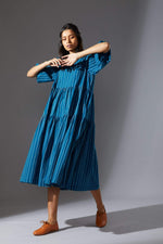 Handcrafted from Handwoven Organic Cotton, Striped Blue Tiered Dress for Women by Sustainable Fashion Designer Clothing Label MATI