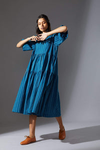 Handcrafted from Handwoven Organic Cotton, Striped Blue Tiered Dress for Women by Sustainable Fashion Designer Clothing Label MATI
