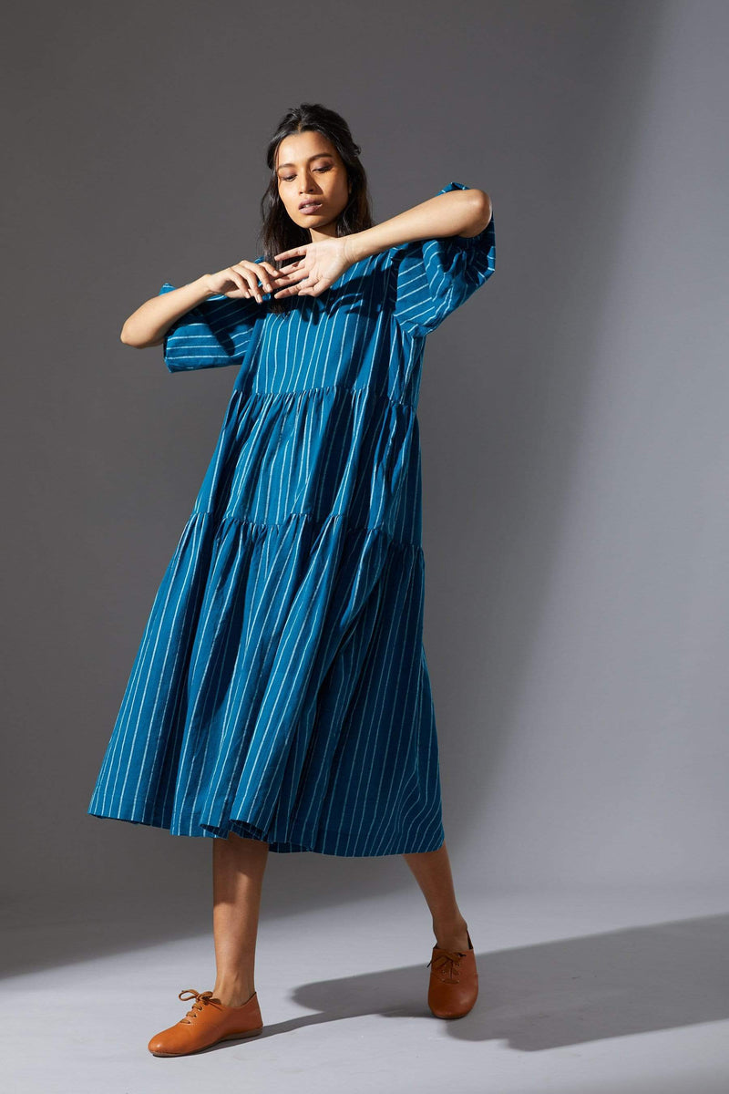 Handcrafted from Handwoven Organic Cotton, Striped Blue Tiered Dress for Women by Sustainable Fashion Designer Clothing Label MATI