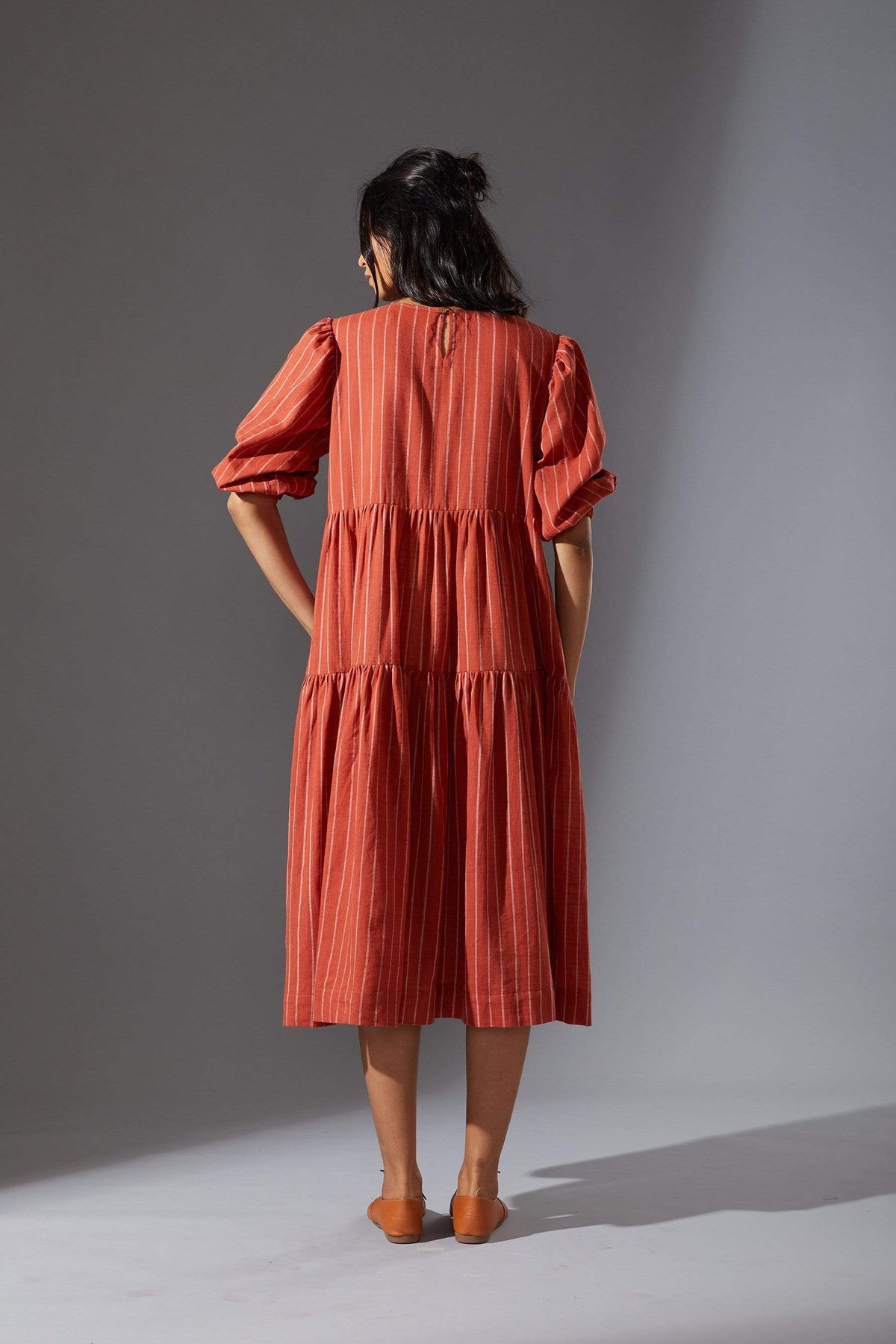 Handcrafted from Handwoven Organic Cotton, Striped Rust Tiered Dress for Women by Sustainable Fashion Designer Clothing Label MATI