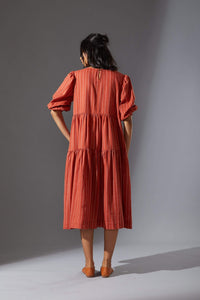 Handcrafted from Handwoven Organic Cotton, Striped Rust Tiered Dress for Women by Sustainable Fashion Designer Clothing Label MATI