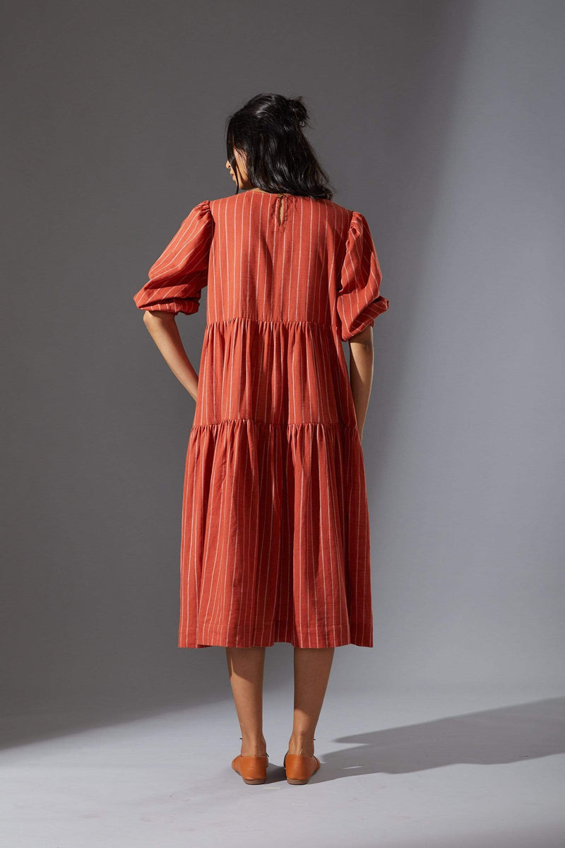 Handcrafted from Handwoven Organic Cotton, Striped Rust Tiered Dress for Women by Sustainable Fashion Designer Clothing Label MATI