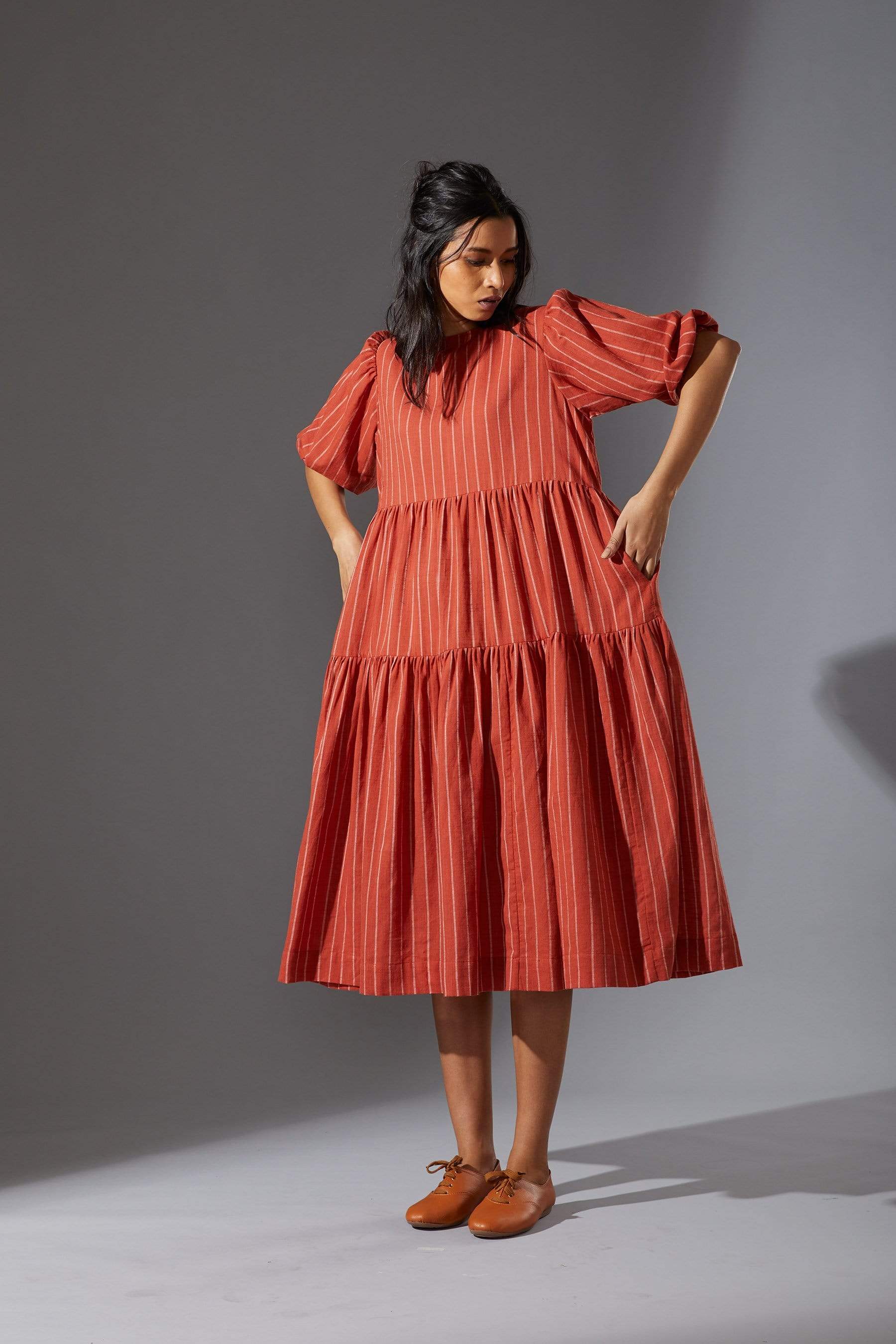 Handcrafted from Handwoven Organic Cotton, Striped Rust Tiered Dress for Women by Sustainable Fashion Designer Clothing Label MATI