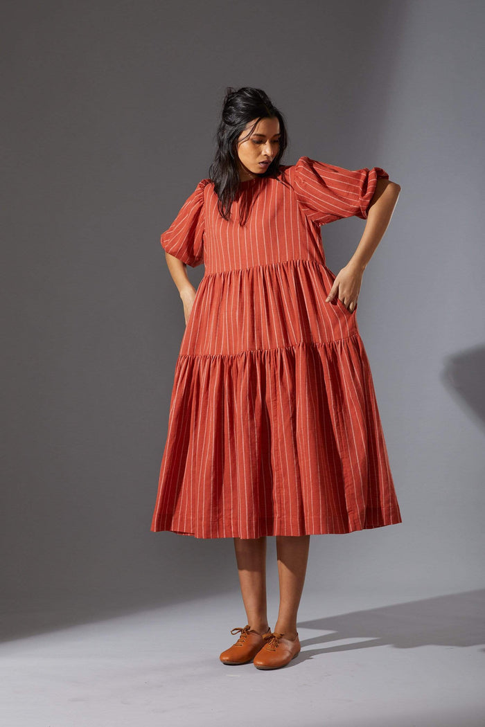 Handcrafted from Handwoven Organic Cotton, Striped Rust Tiered Dress for Women by Sustainable Fashion Designer Clothing Label MATI