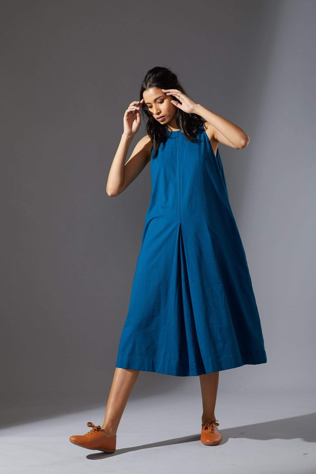 Handcrafted from Handwoven Organic Cotton, Blue A-Line Sleeveless Dress for Women by Sustainable Fashion Designer Clothing Label MATI