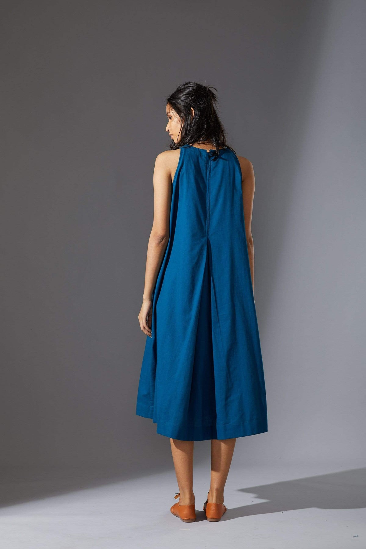 Handcrafted from Handwoven Organic Cotton, Blue A-Line Sleeveless Dress for Women by Sustainable Fashion Designer Clothing Label MATI