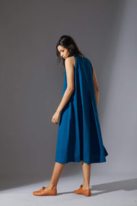 Handcrafted from Handwoven Organic Cotton, Blue A-Line Sleeveless Dress for Women by Sustainable Fashion Designer Clothing Label MATI