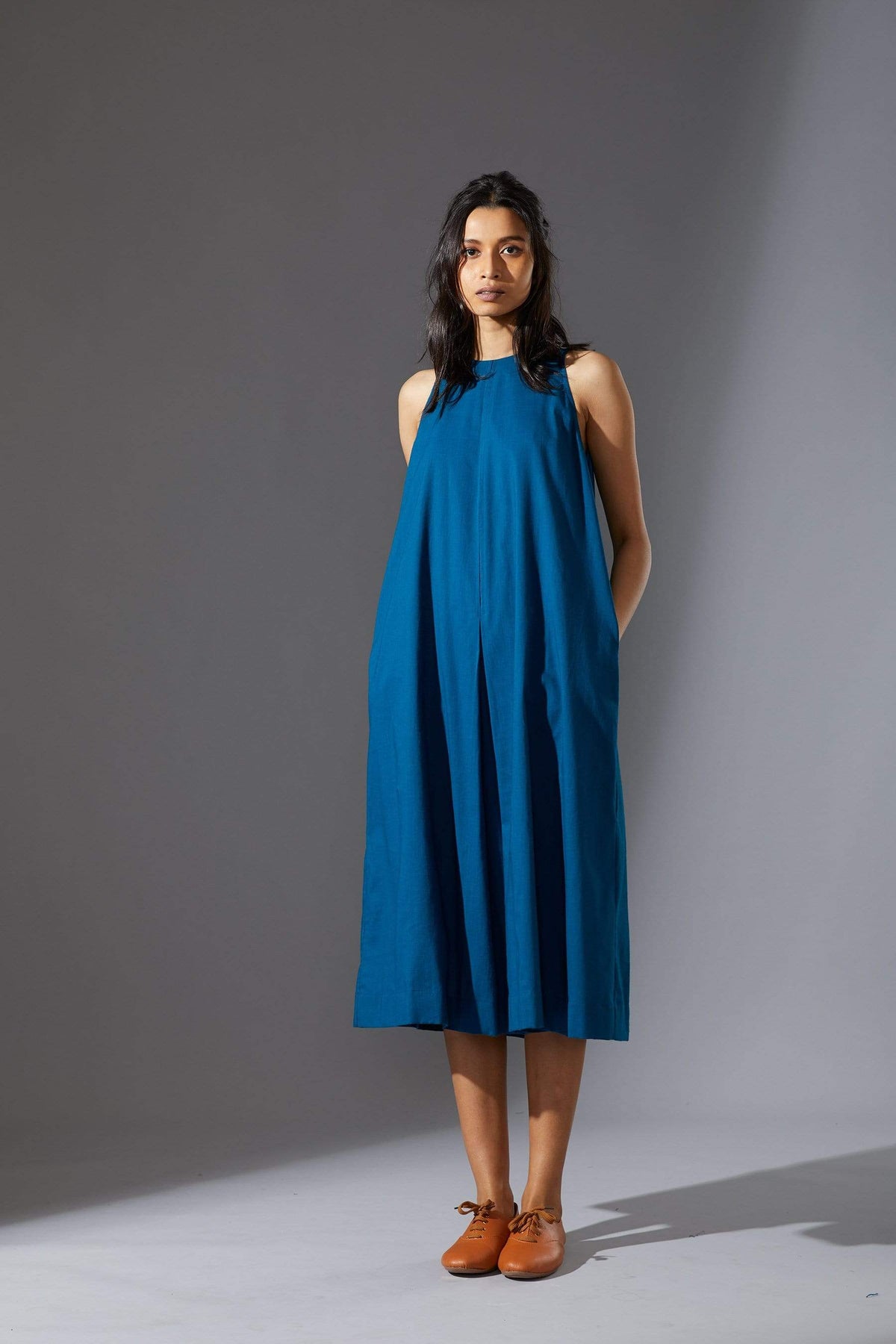 Handcrafted from Handwoven Organic Cotton, Blue A-Line Sleeveless Dress for Women by Sustainable Fashion Designer Clothing Label MATI