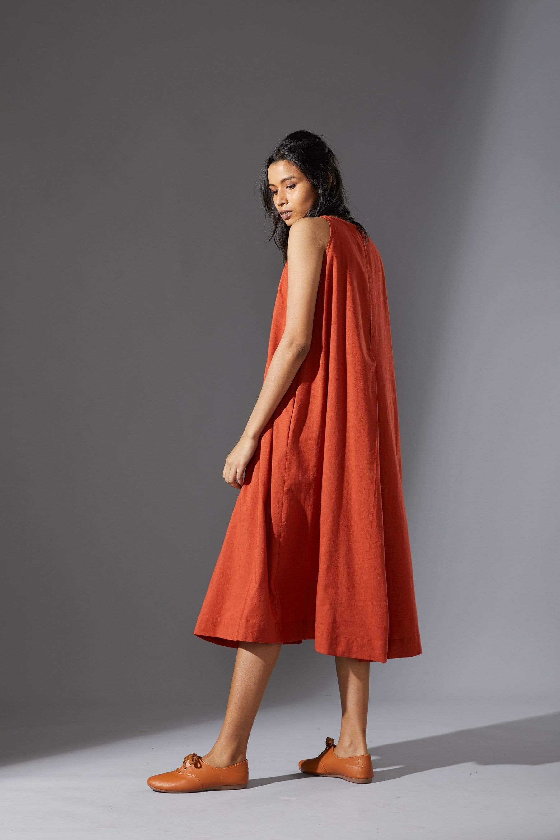 Handcrafted from Handwoven Organic Cotton, Rust A-Line Sleeveless Dress for Women by Sustainable Fashion Designer Clothing Label MATI