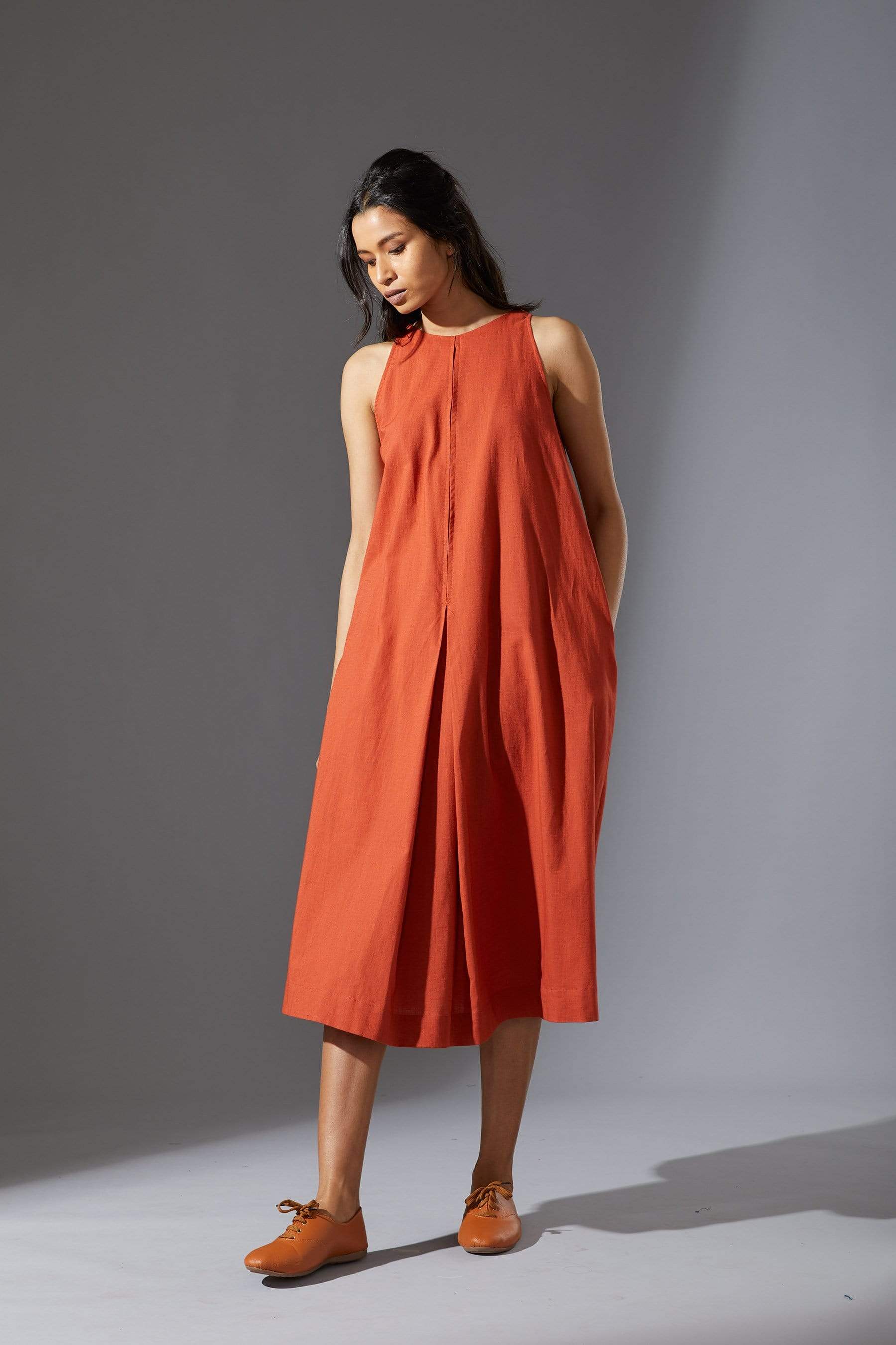 Handcrafted from Handwoven Organic Cotton, Rust A-Line Sleeveless Dress for Women by Sustainable Fashion Designer Clothing Label MATI