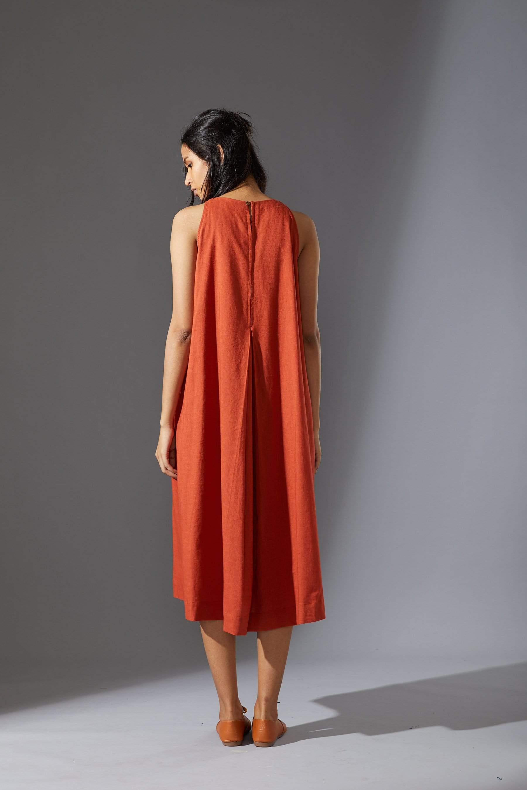 Handcrafted from Handwoven Organic Cotton, Rust A-Line Sleeveless Dress for Women by Sustainable Fashion Designer Clothing Label MATI