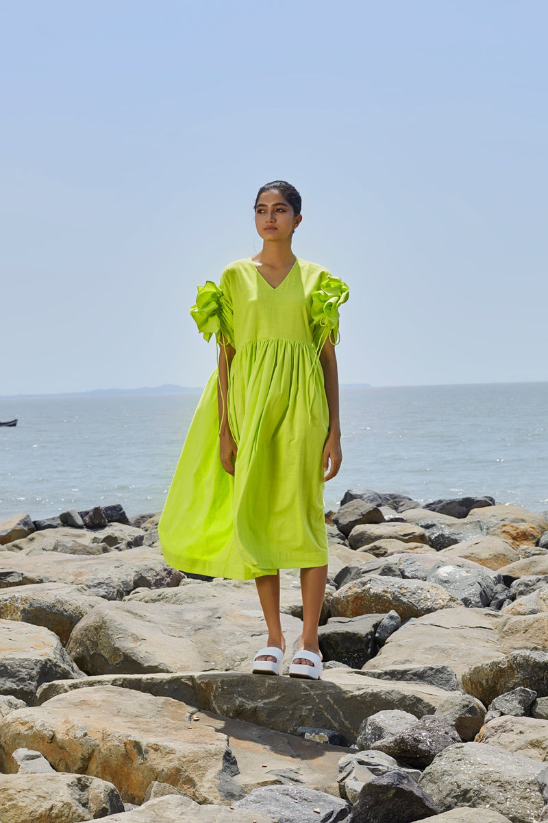 Mati Dresses Neon Green Ruffle Sleeve Dress