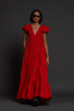 Handcrafted from Handwoven Organic Cotton Red Gown Dress for Women by Sustainable Fashion Clothing Label MATI