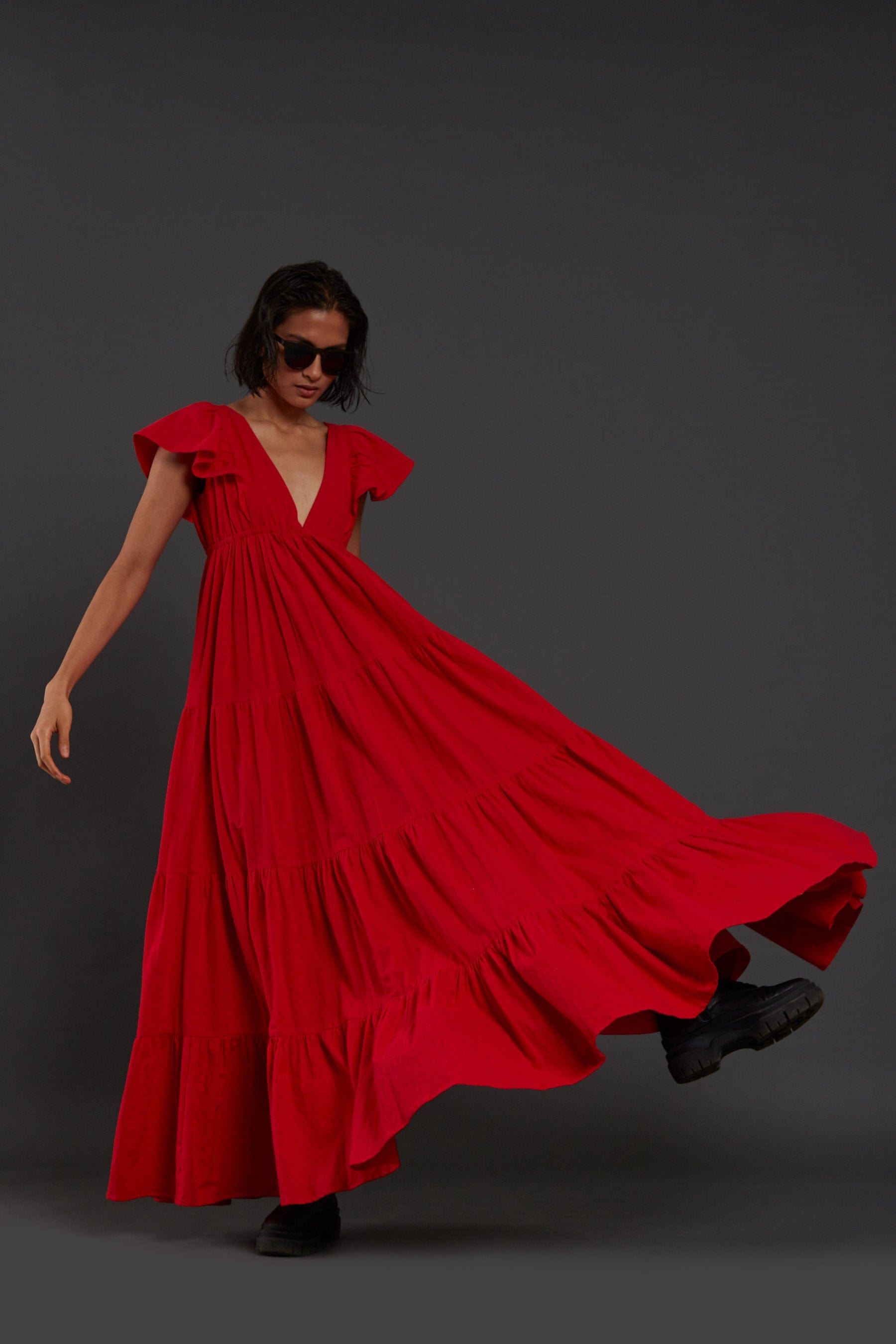Handcrafted from Handwoven Organic Cotton Red Gown Dress for Women by Sustainable Fashion Clothing Label MATI
