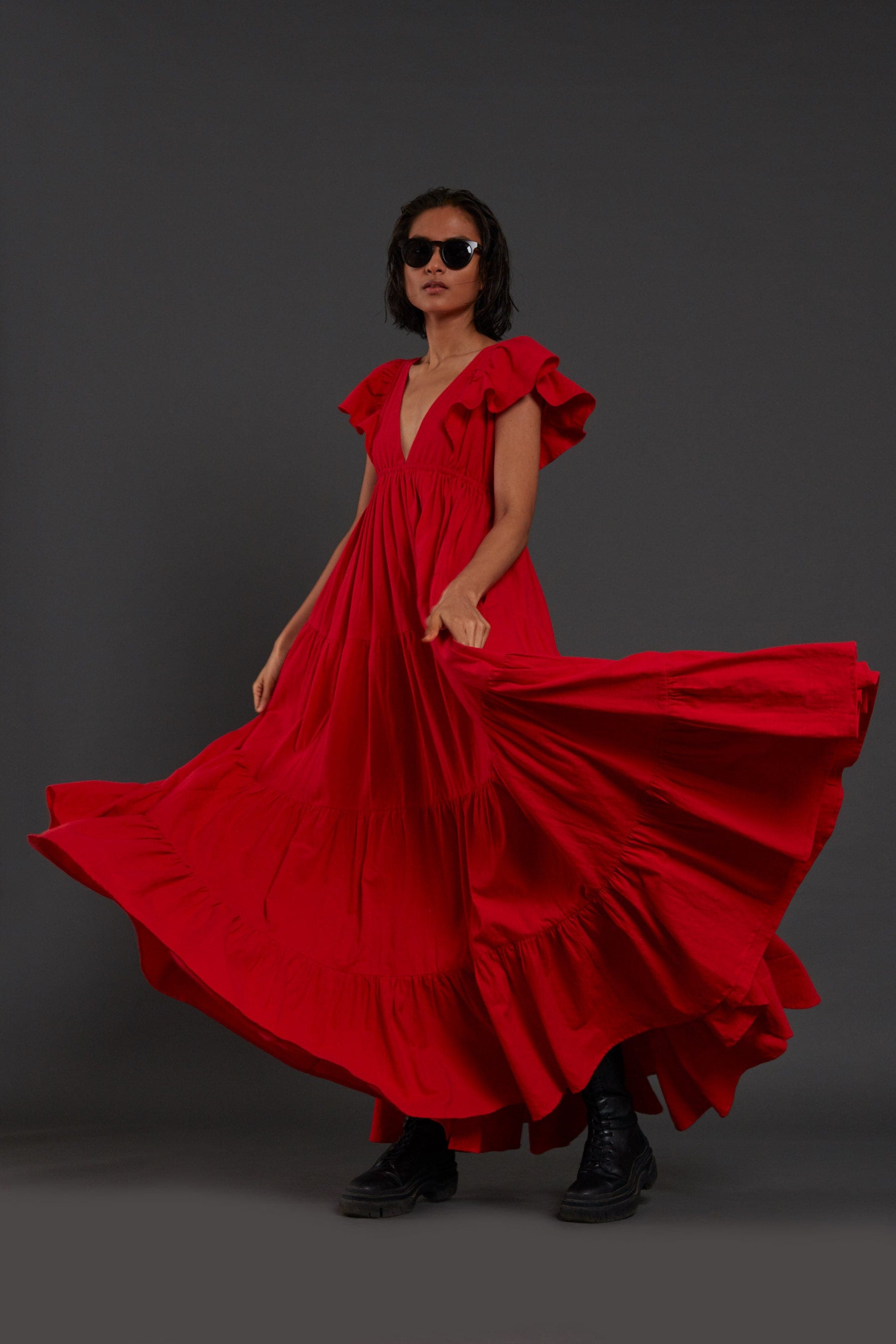 Handcrafted from Handwoven Organic Cotton Red Gown Dress for Women by Sustainable Fashion Clothing Label MATI