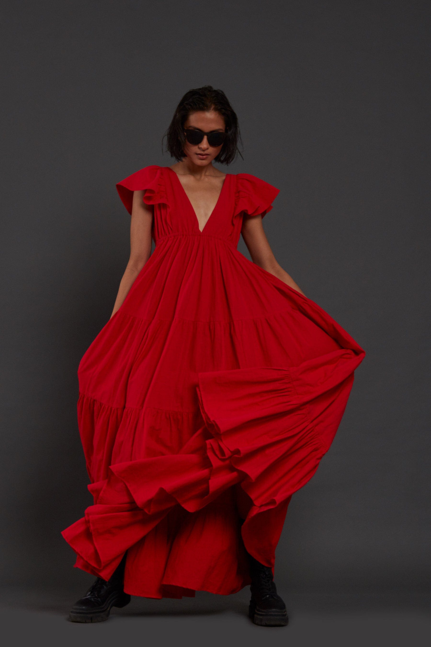 Handcrafted from Handwoven Organic Cotton Red Gown Dress for Women by Sustainable Fashion Clothing Label MATI