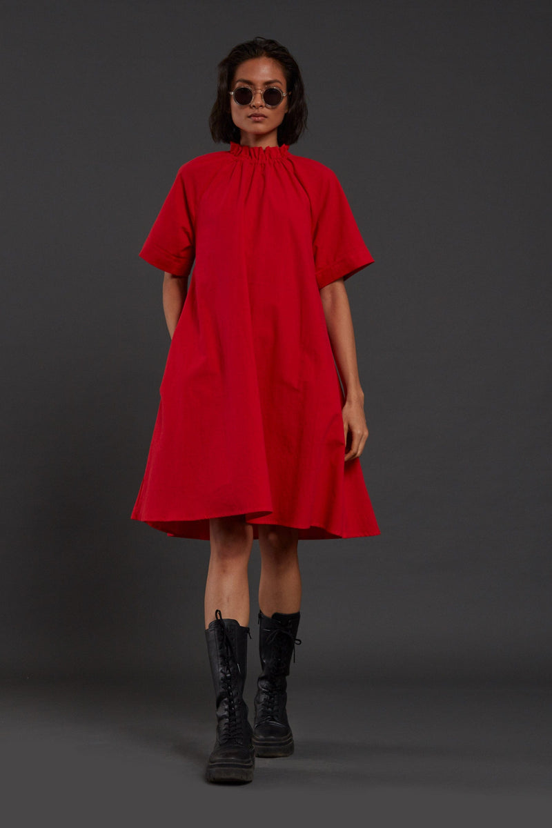 Handcrafted from Handwoven Organic Cotton Red Tora Dress for Women by Sustainable Fashion Clothing Label MATI
