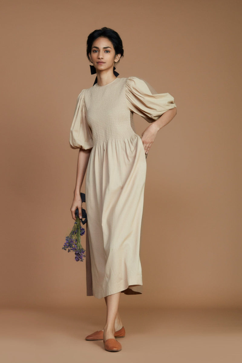 Mati Dresses Reversible Smocked Balloon Sleeve Beige & Ivory Dress