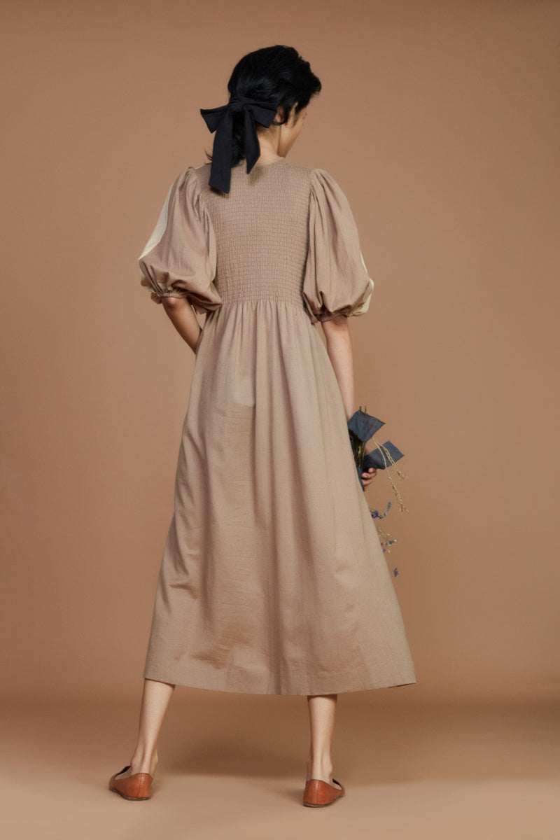 Mati Dresses Reversible Smocked Balloon Sleeve Beige & Ivory Dress