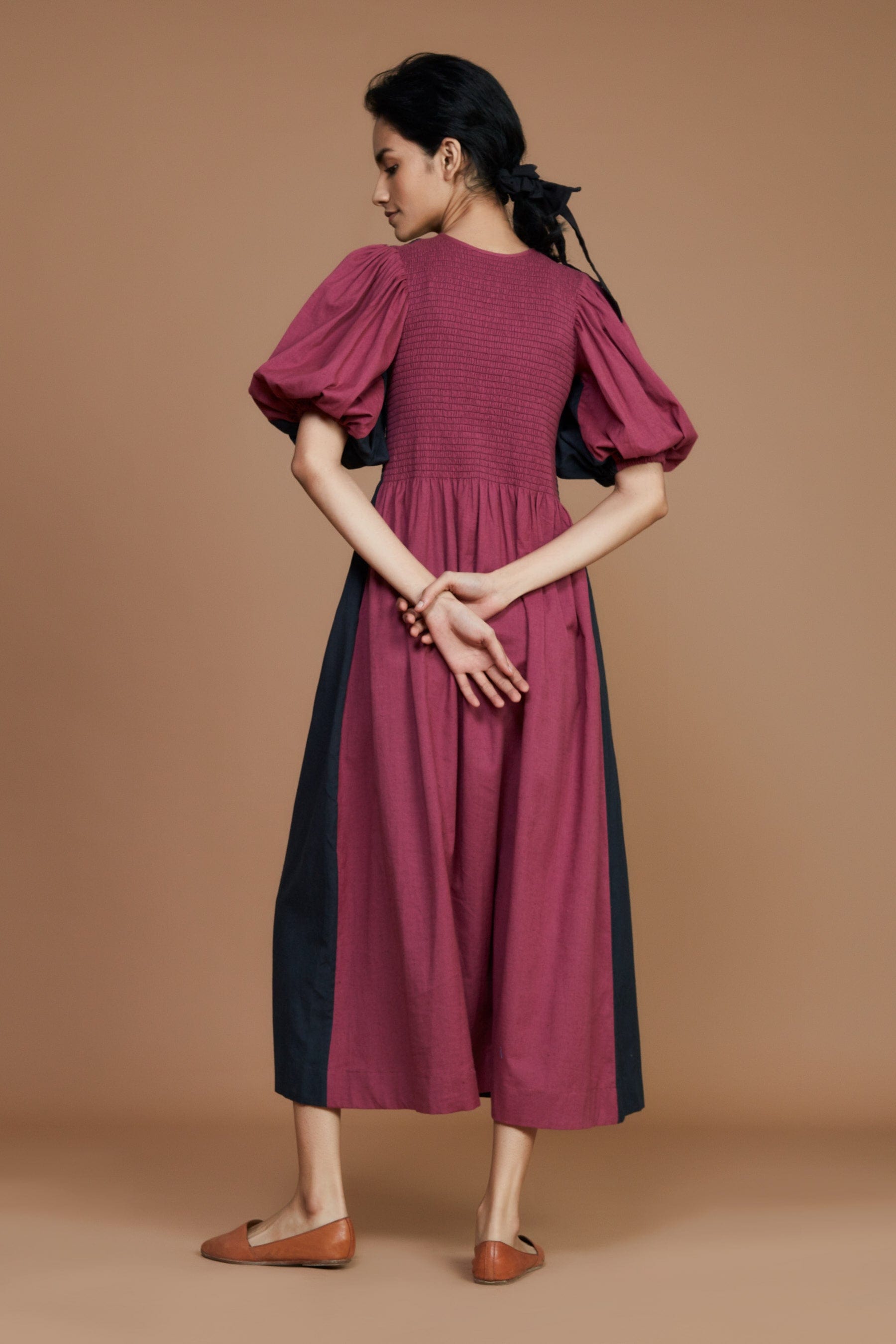 Handcrafted from Handwoven Organic Cotton, Black and Mauve Reversible Dress for Women by Sustainable Fashion Designer Clothing Label MATI