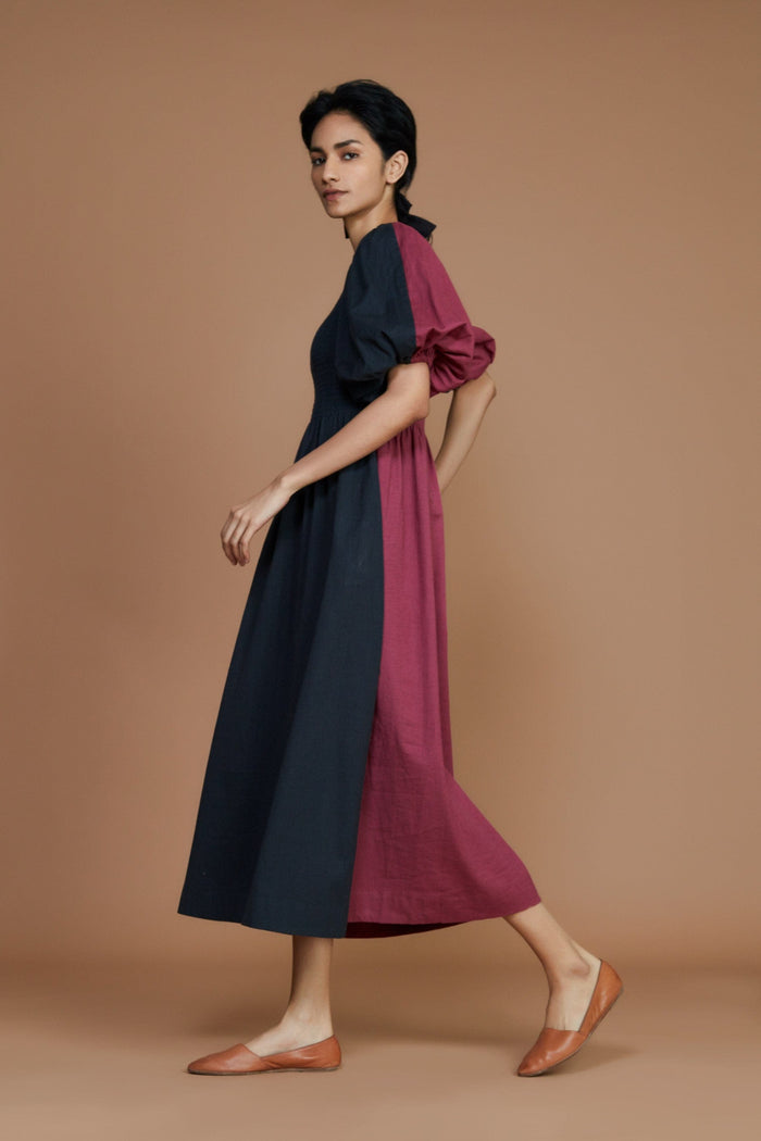 Handcrafted from Handwoven Organic Cotton, Black and Mauve Reversible Dress for Women by Sustainable Fashion Designer Clothing Label MATI